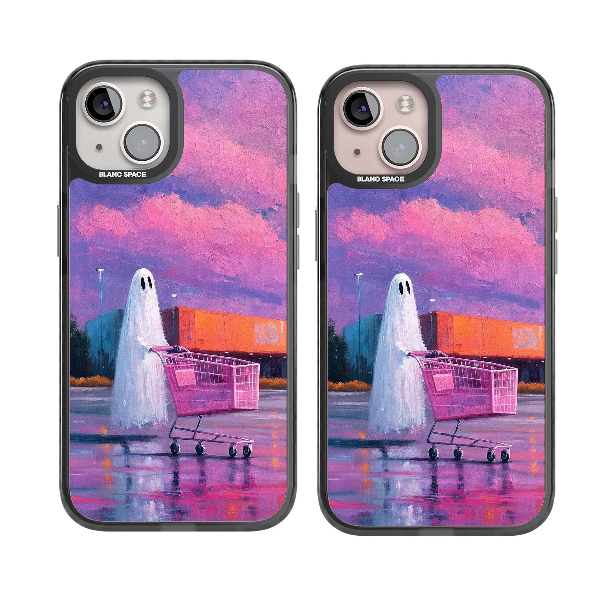 A Ghost's Errand ghost halloween iPhone case featuring a painted ghost, pink shopping trolley and purple sunset sky | Black Impact Magsafe case for iPhone 13, iPhone 14, iPhone 15