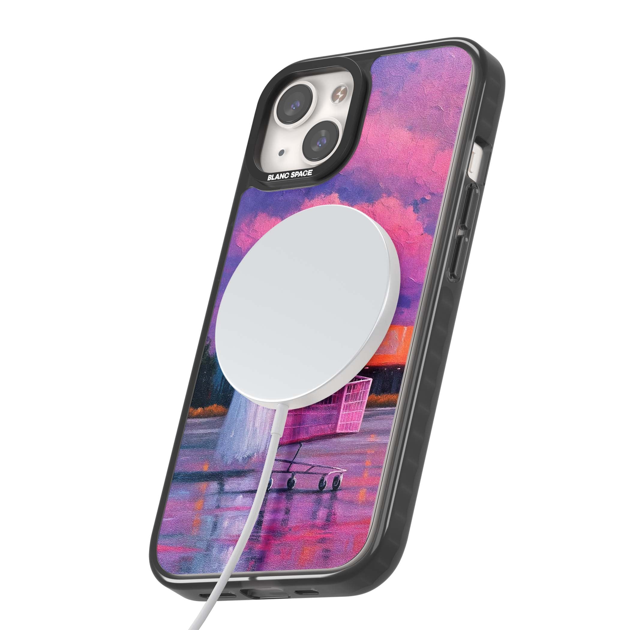 A Ghost's Errand ghost halloween iPhone case featuring a painted ghost, pink shopping trolley and purple sunset sky | Black Impact Magsafe case for iPhone 13, iPhone 14, iPhone 15