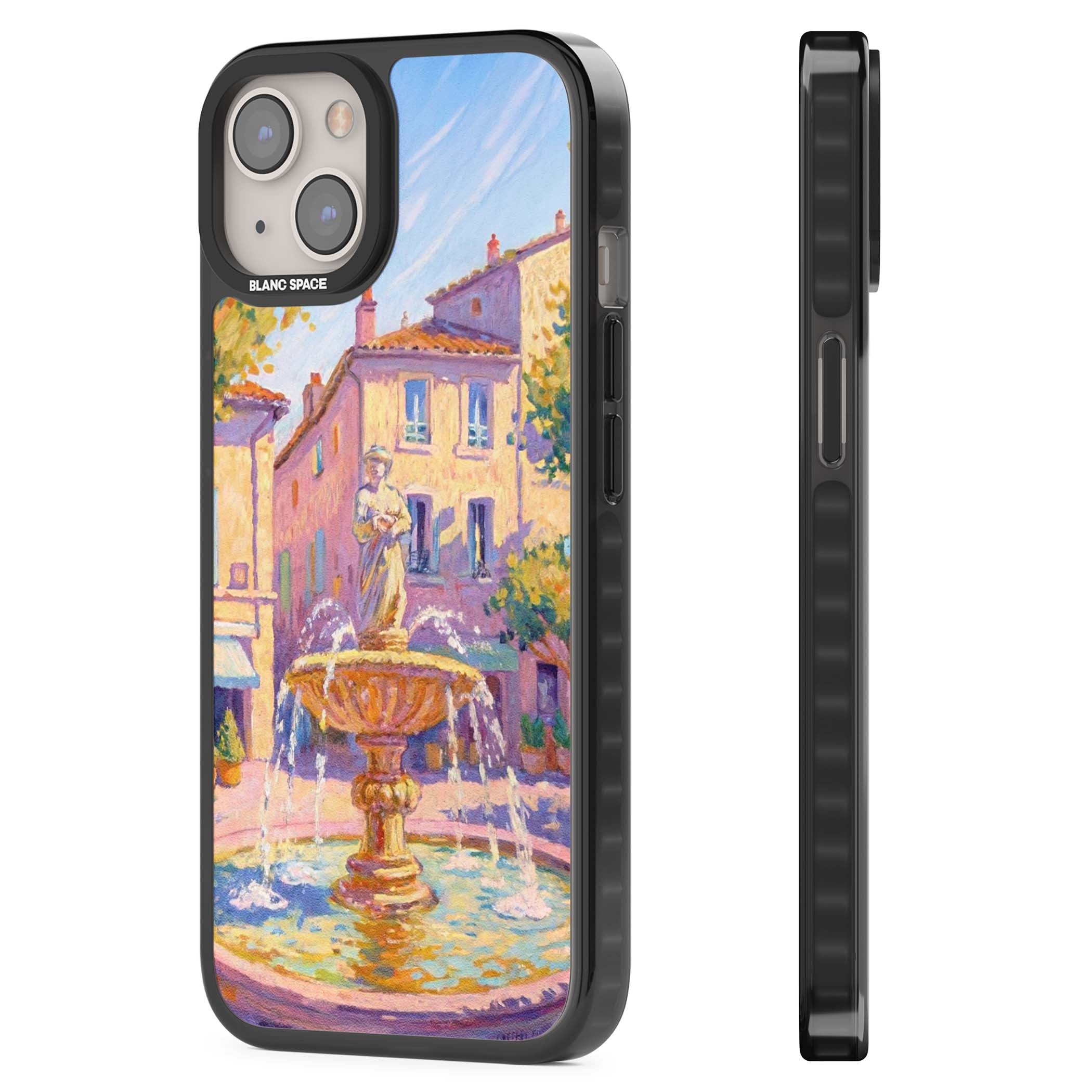 Fountain Square fine art iPhone case featuring an impressionist Provençal fountain, pastel village buildings and summe | Black Impact Magsafe case for iPhone 13, iPhone 14, iPhone 15
