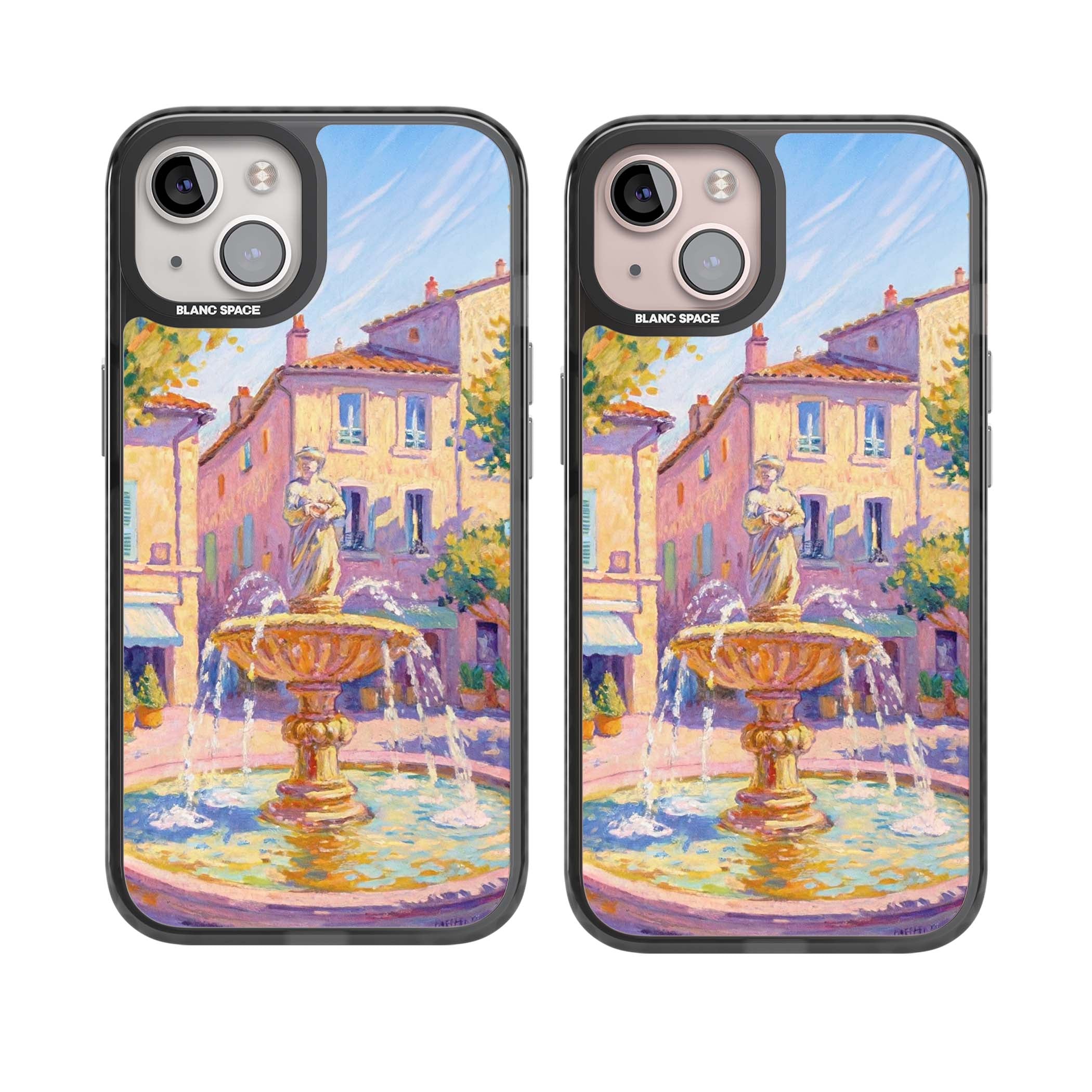 Fountain Square fine art iPhone case featuring an impressionist Provençal fountain, pastel village buildings and summe | Black Impact Magsafe case for iPhone 13, iPhone 14, iPhone 15
