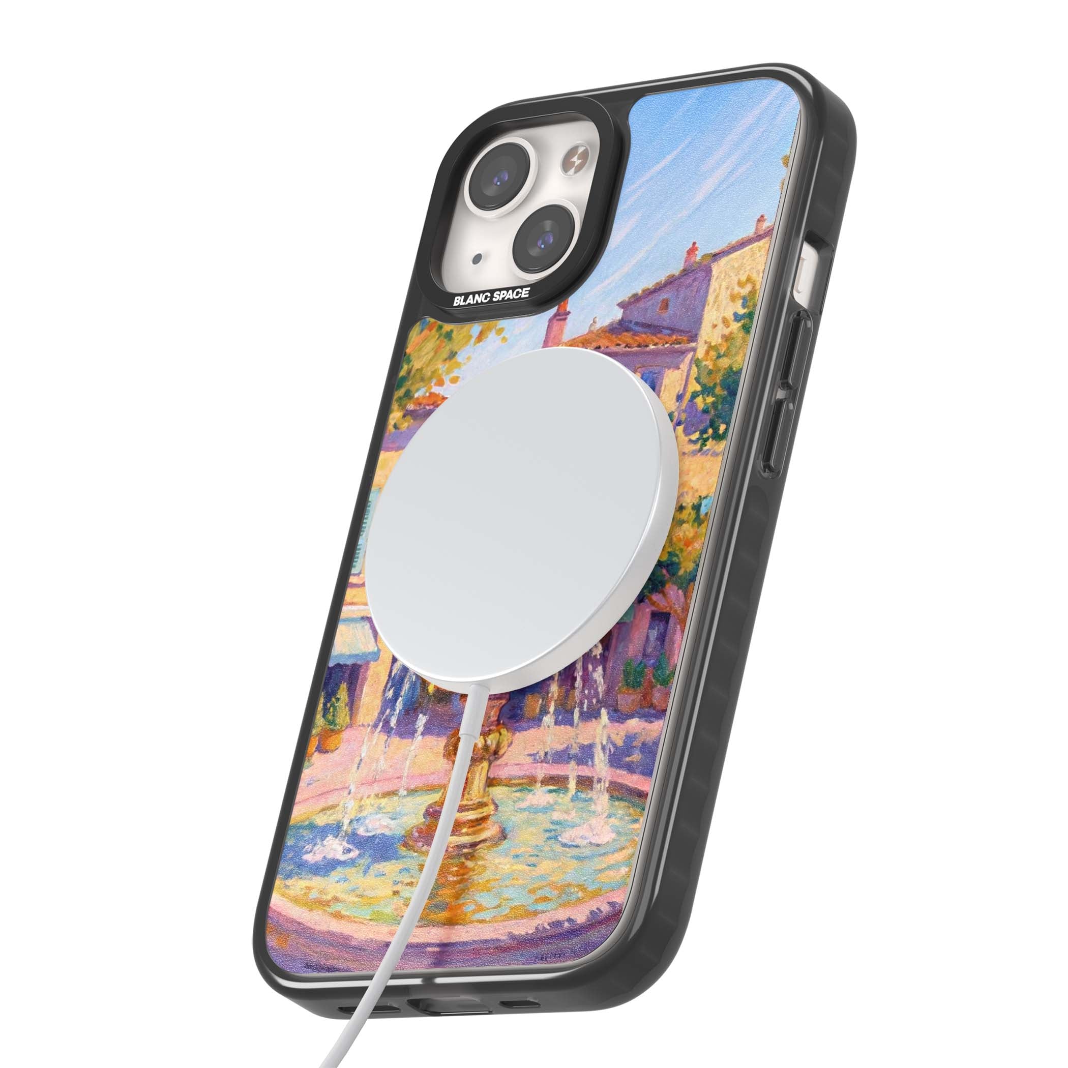 Fountain Square fine art iPhone case featuring an impressionist Provençal fountain, pastel village buildings and summe | Black Impact Magsafe case for iPhone 13, iPhone 14, iPhone 15