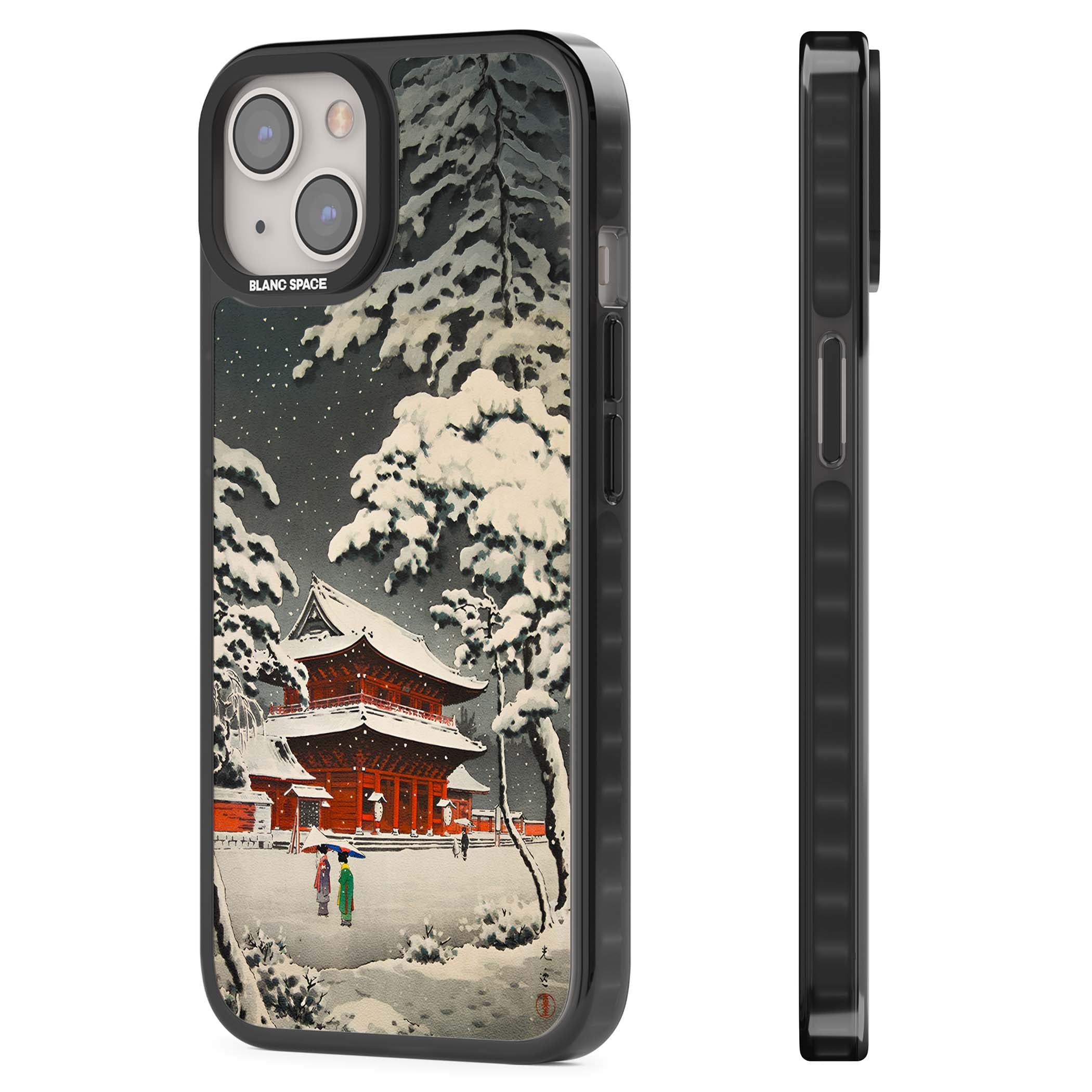 Snow at Shiha Park, Tokyo Japanese art iPhone case featuring a vintage ukiyo-e snowy temple, red pagoda, and snow-covered pin | Black Impact Magsafe case for iPhone 13, iPhone 14, iPhone 15