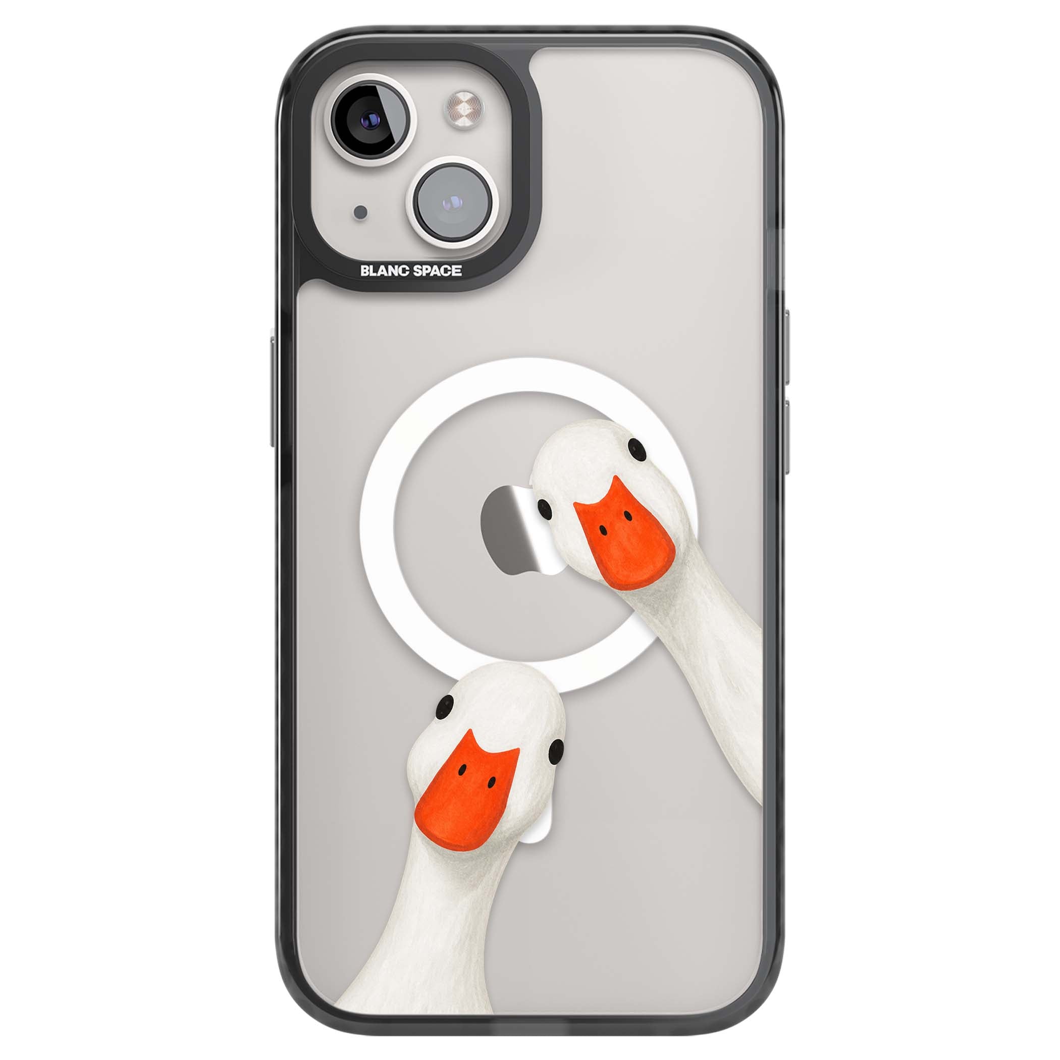 Nosy Ducks cottagecore iPhone case featuring two peeking white ducks with orange beaks on a clear background | Black Impact Magsafe case for iPhone 13, iPhone 14, iPhone 15