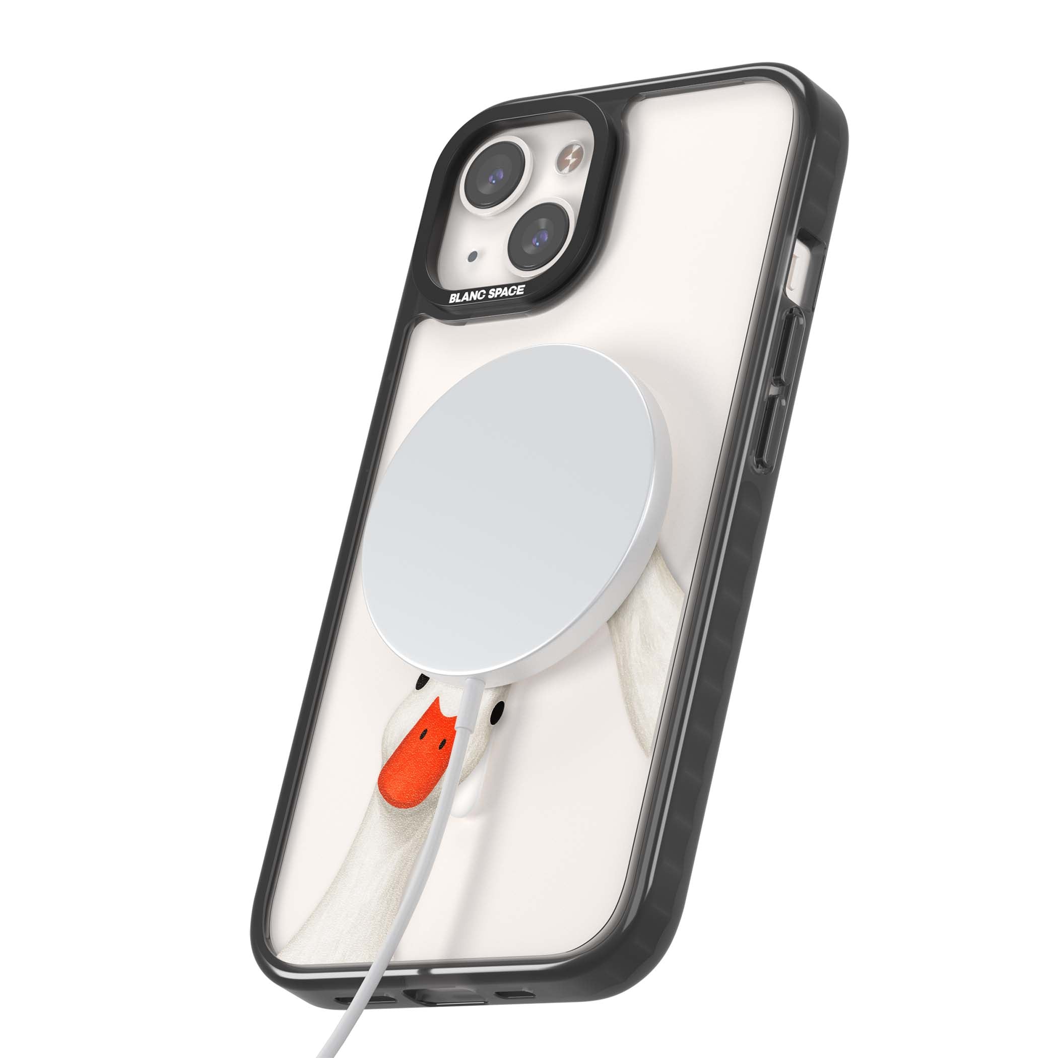 Nosy Ducks cottagecore iPhone case featuring two peeking white ducks with orange beaks on a clear background | Black Impact Magsafe case for iPhone 13, iPhone 14, iPhone 15