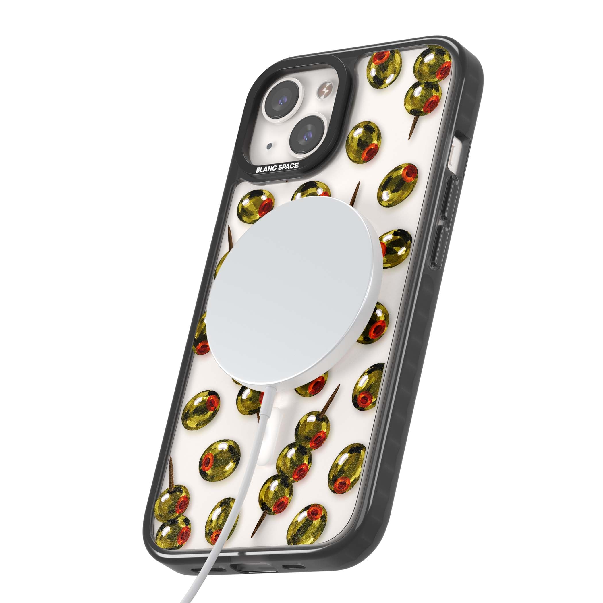 Painted Olives cocktail iPhone case featuring green olives, pimento centres and toothpick skewers on a clear background | Black Impact Magsafe case for iPhone 13, iPhone 14, iPhone 15