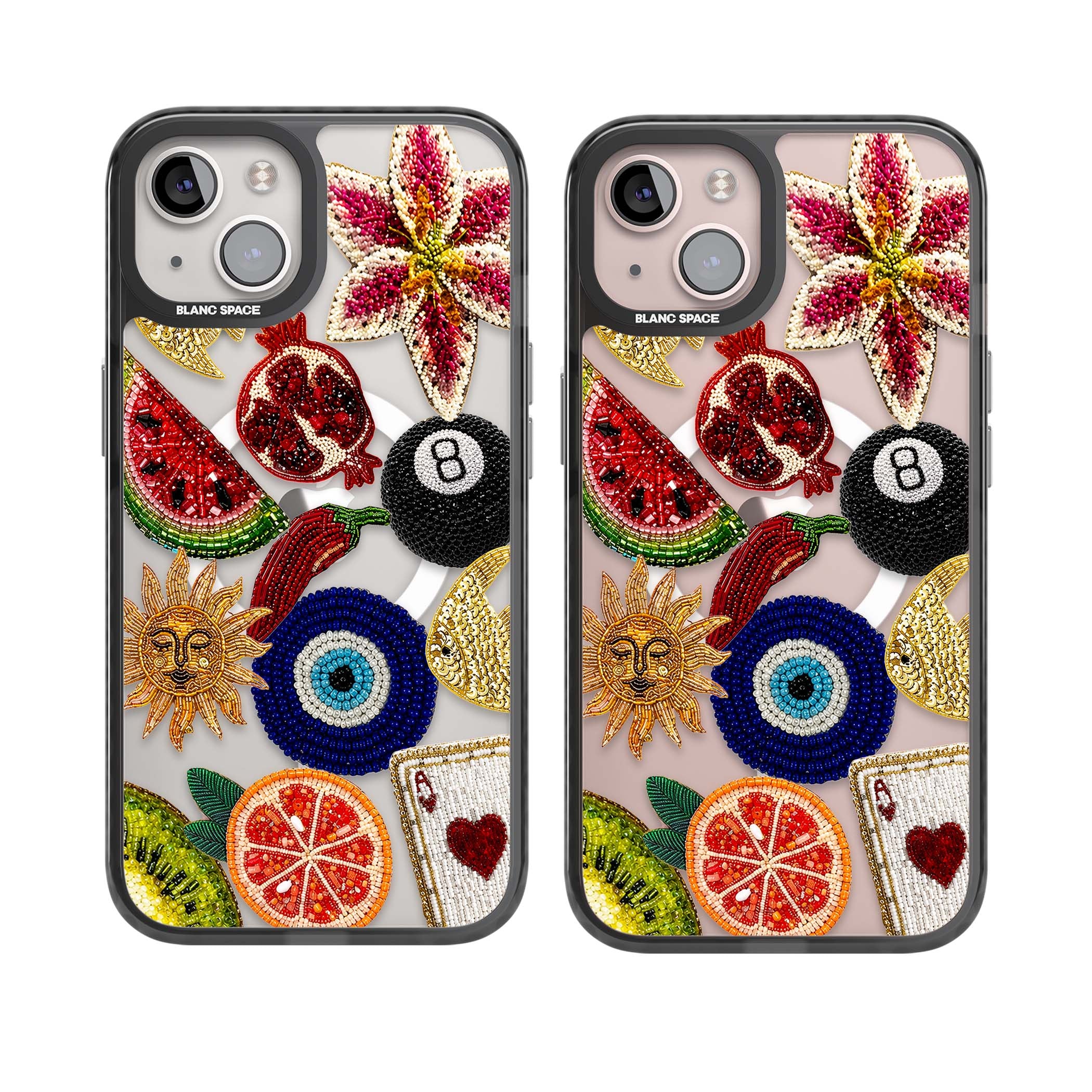 Beaded Charms embroidery iPhone case featuring beaded evil eye, fruit patches and a golden sun motif | Black Impact Magsafe case for iPhone 13, iPhone 14, iPhone 15