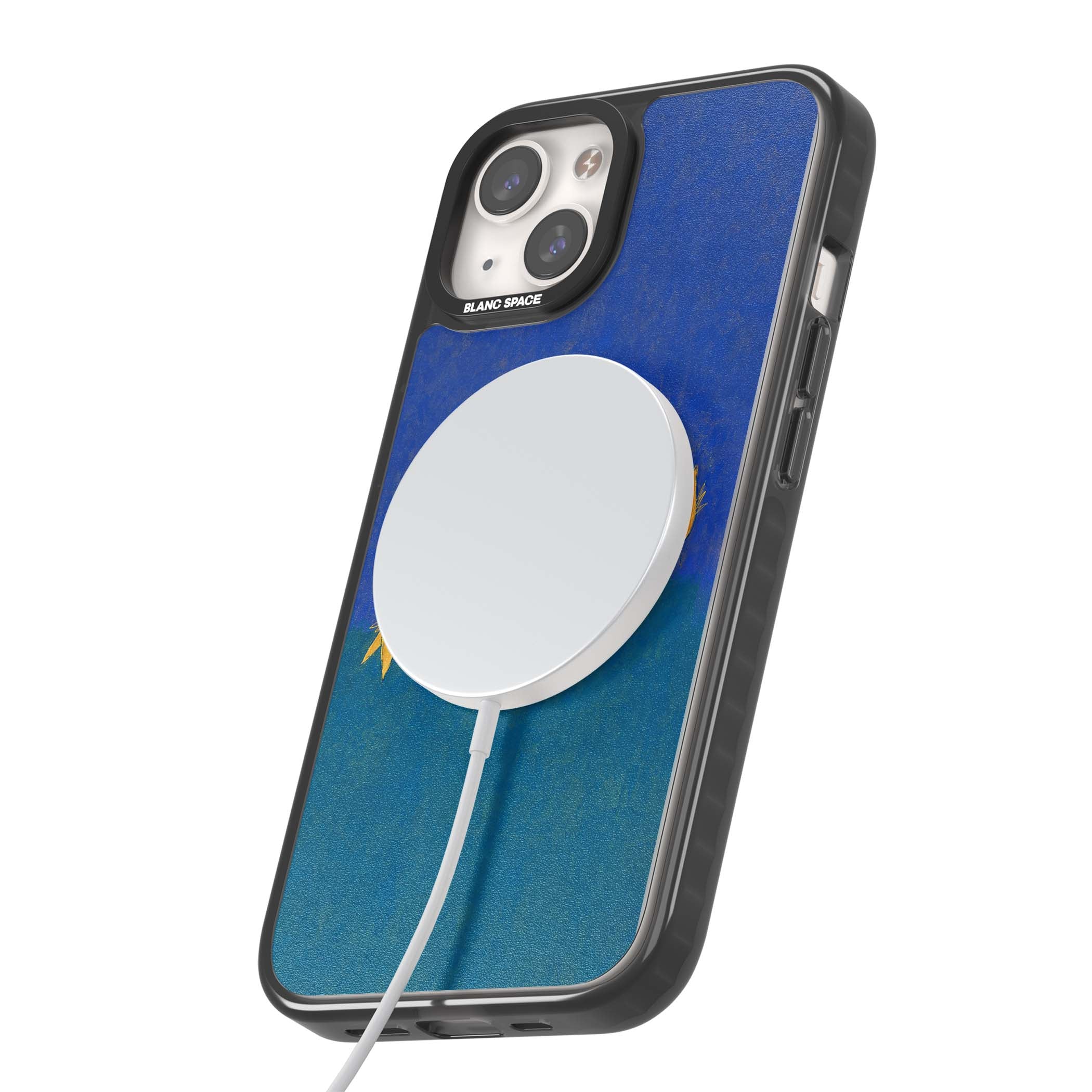 Star Boogie stars aesthetic iPhone case featuring five yellow hand-painted stars on cobalt blue and teal | Black Impact Magsafe case for iPhone 13, iPhone 14, iPhone 15