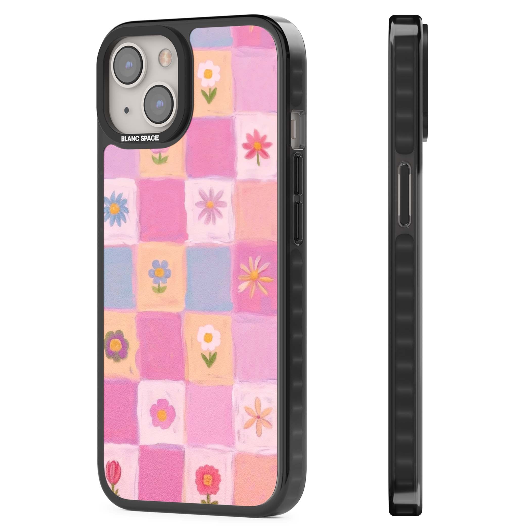 Pastel Flower Patchwork cottagecore iPhone case featuring painted pink and lilac squares with daisies and wildflowers | Black Impact Magsafe case for iPhone 13, iPhone 14, iPhone 15
