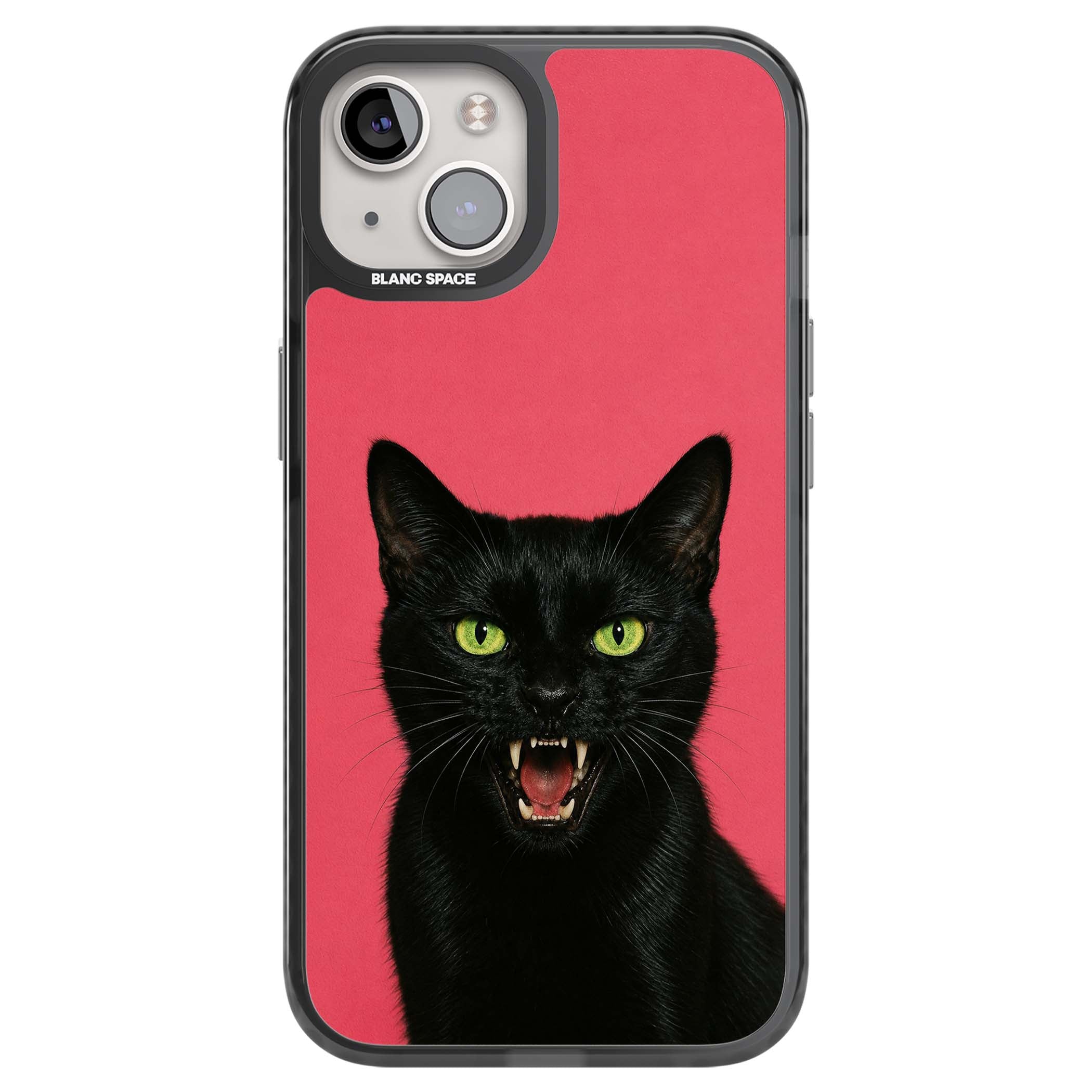 Hissin' Baddie black cat iPhone case featuring a hissing feline with green eyes on a hot pink background | Black Impact Magsafe case for iPhone 13, iPhone 14, iPhone 15