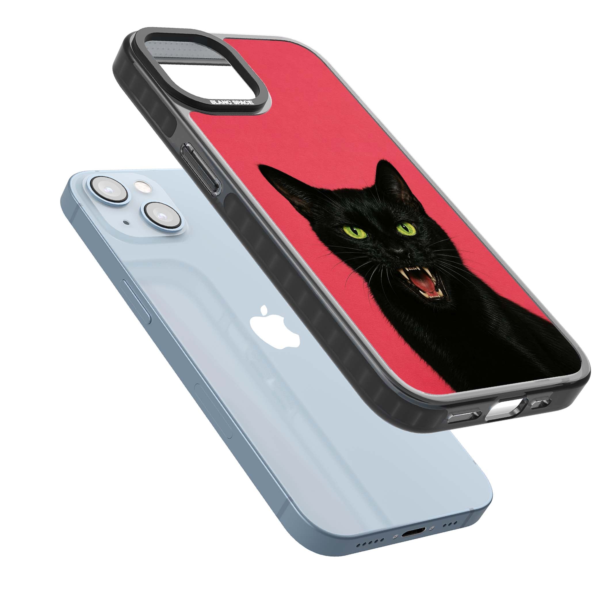 Hissin' Baddie black cat iPhone case featuring a hissing feline with green eyes on a hot pink background | Black Impact Magsafe case for iPhone 13, iPhone 14, iPhone 15