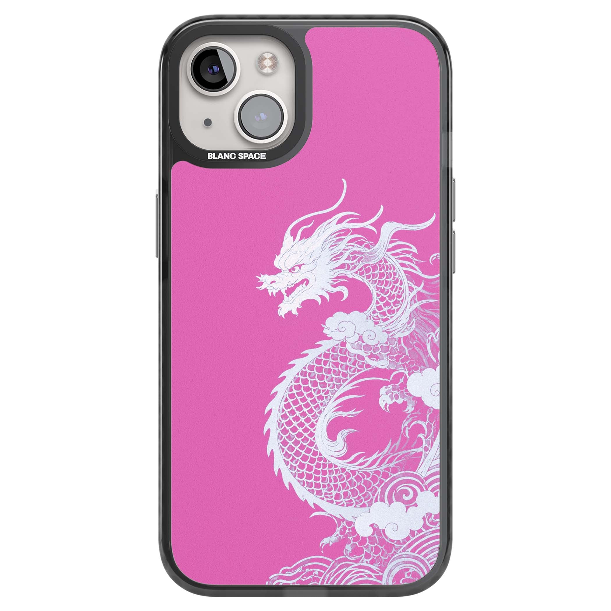 Pink Empress chinese dragon iPhone case featuring a white dragon, swirling clouds and pink dragon wallpaper backdrop | Black Impact Magsafe case for iPhone 13, iPhone 14, iPhone 15