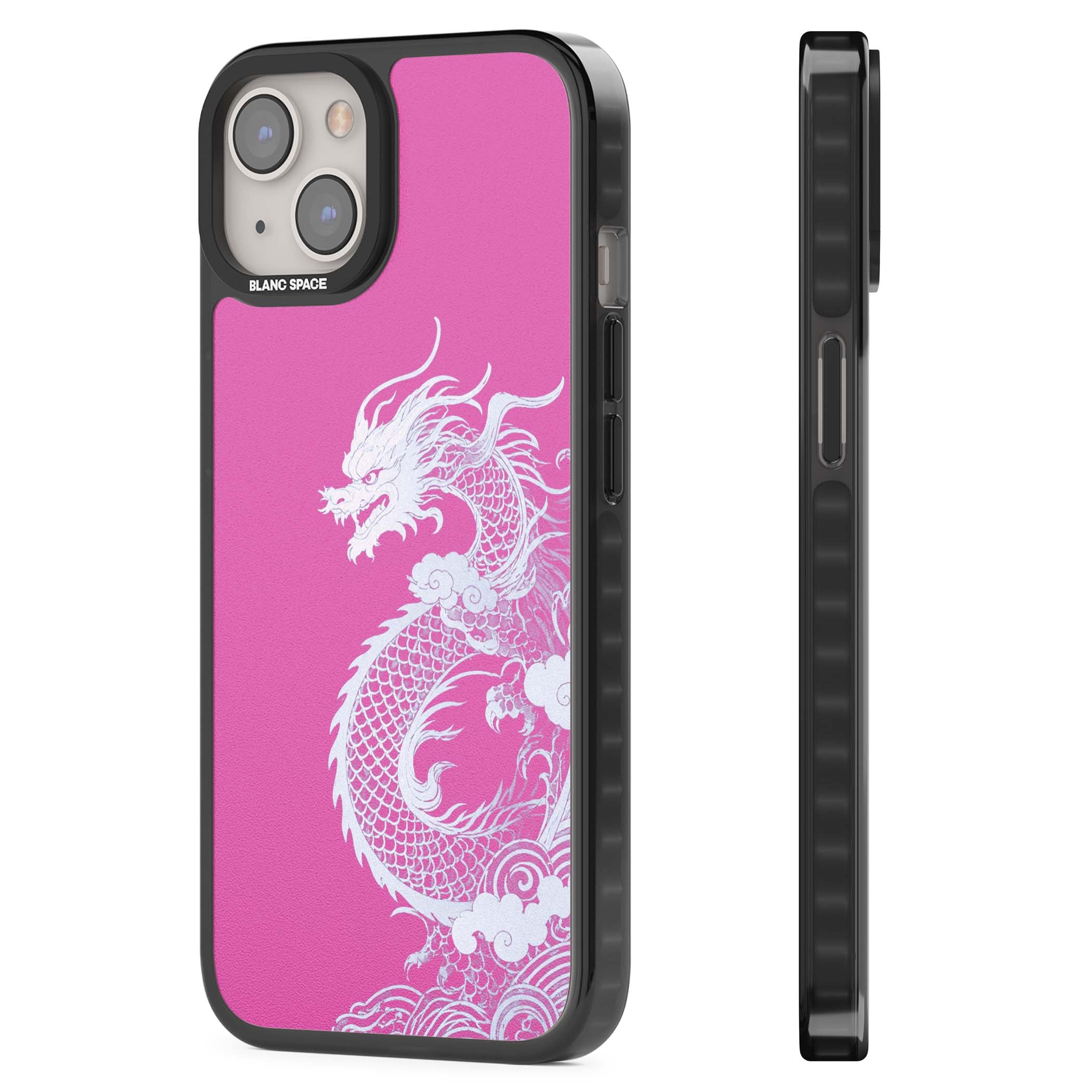 Pink Empress chinese dragon iPhone case featuring a white dragon, swirling clouds and pink dragon wallpaper backdrop | Black Impact Magsafe case for iPhone 13, iPhone 14, iPhone 15
