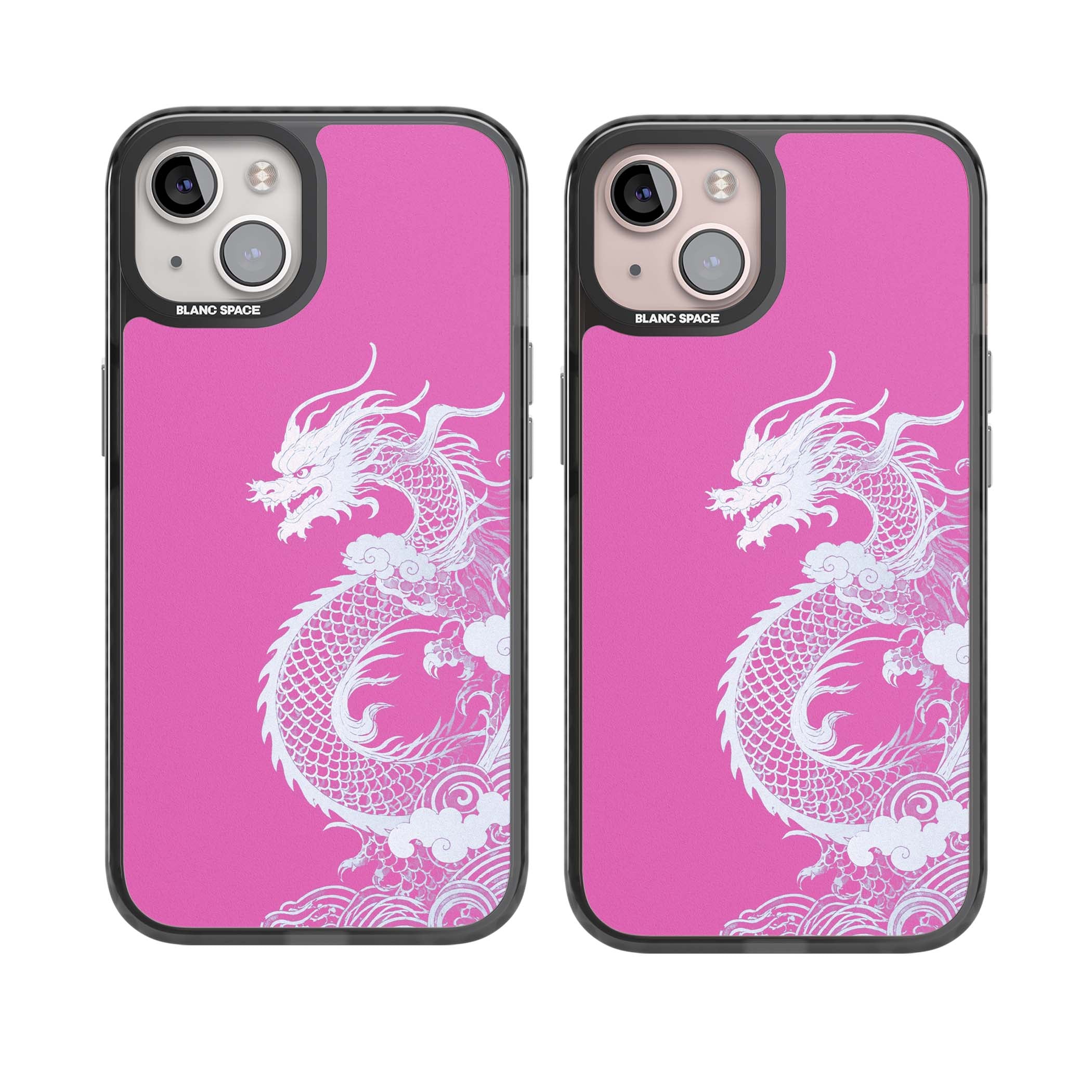 Pink Empress chinese dragon iPhone case featuring a white dragon, swirling clouds and pink dragon wallpaper backdrop | Black Impact Magsafe case for iPhone 13, iPhone 14, iPhone 15