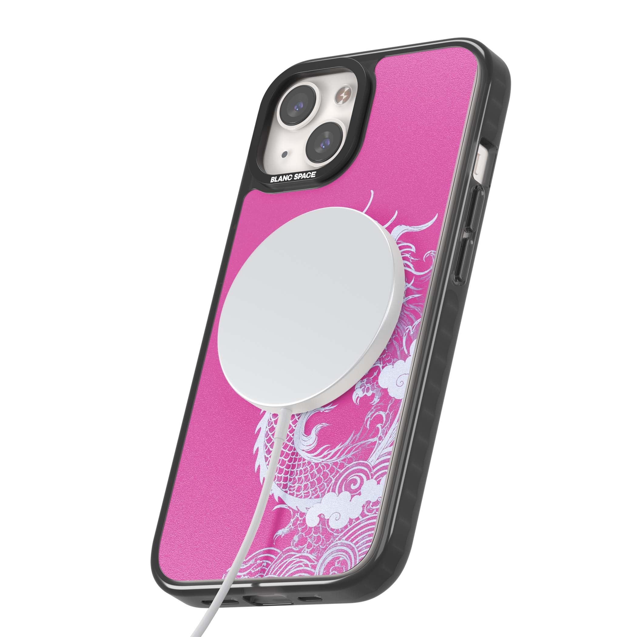 Pink Empress chinese dragon iPhone case featuring a white dragon, swirling clouds and pink dragon wallpaper backdrop | Black Impact Magsafe case for iPhone 13, iPhone 14, iPhone 15