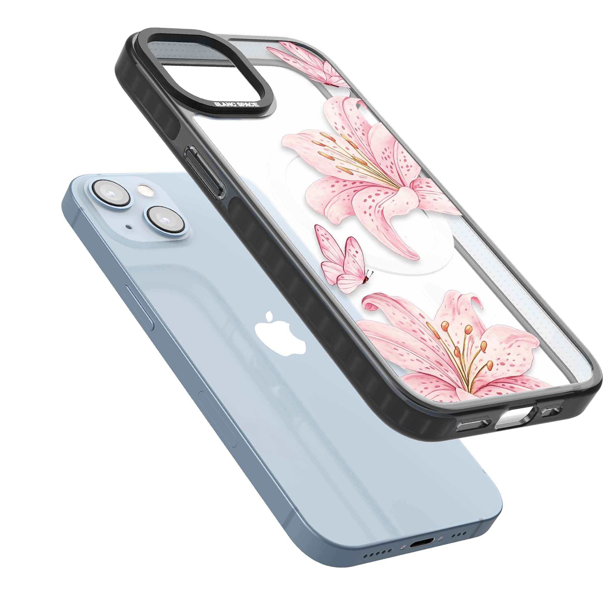 Lily Whisper floral iPhone case featuring pink watercolour lilies and delicate butterflies on a clear background | Black Impact Magsafe case for iPhone 13, iPhone 14, iPhone 15