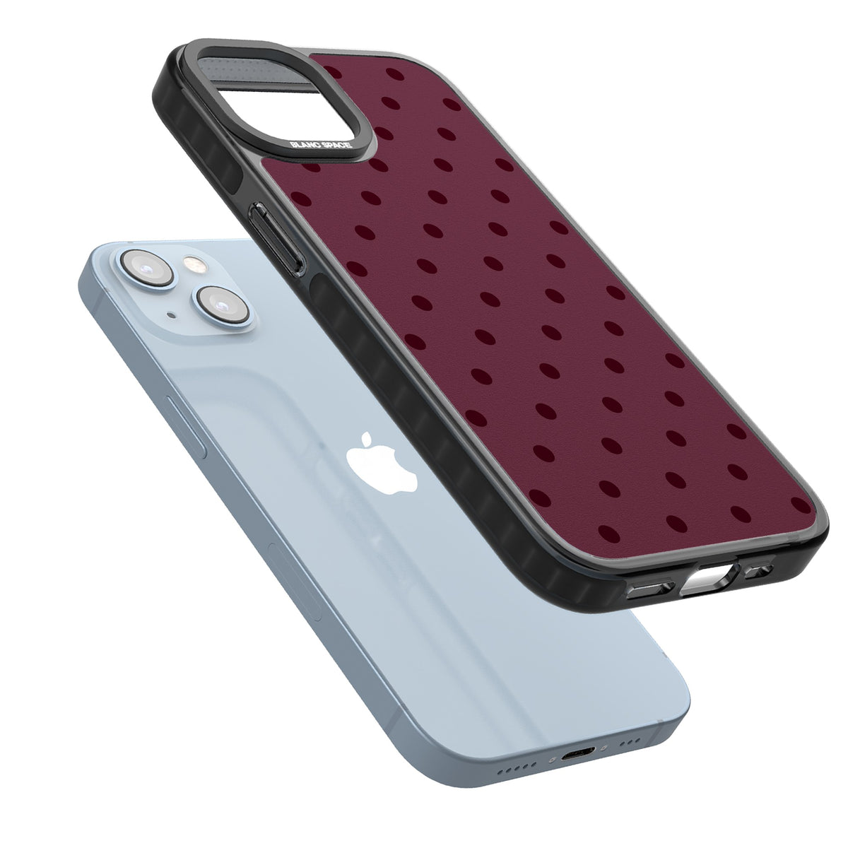 Burgundy Polka Dot minimalist iPhone case featuring black polka dots on a deep burgundy wine red background iPhone 12 / 12 Pro / iPhone 12 / iPhone 12 Pro / iPhone 13 / iPhone 14 / iPhone 14 Plus / iPhone 15 / iPhone 15 Plus Impact Pro Black Phone Case angled