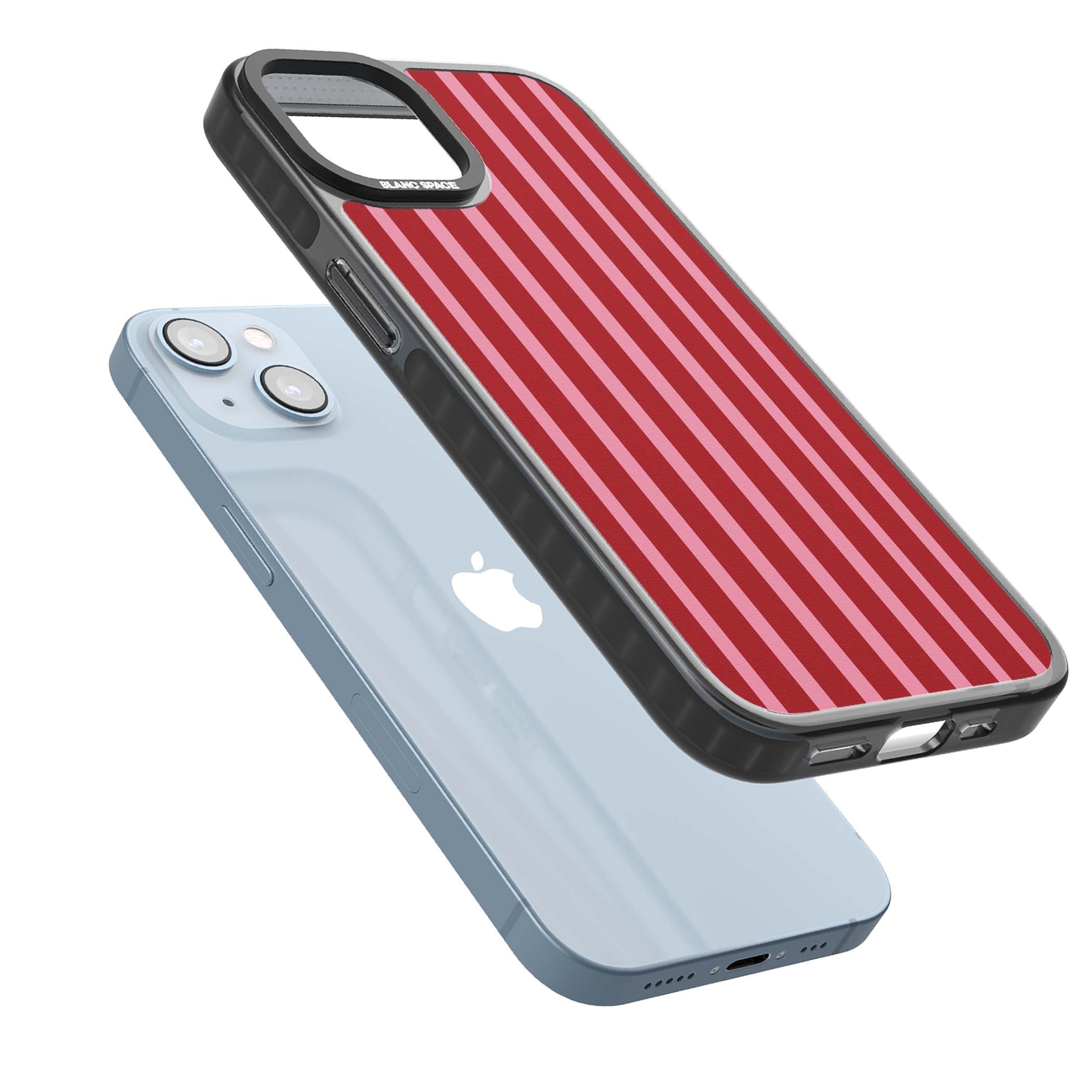 Raspberry Stripe coquette iPhone case featuring red and pink vertical stripes in a candy-inspired pattern | Black Impact Magsafe case for iPhone 13, iPhone 14, iPhone 15