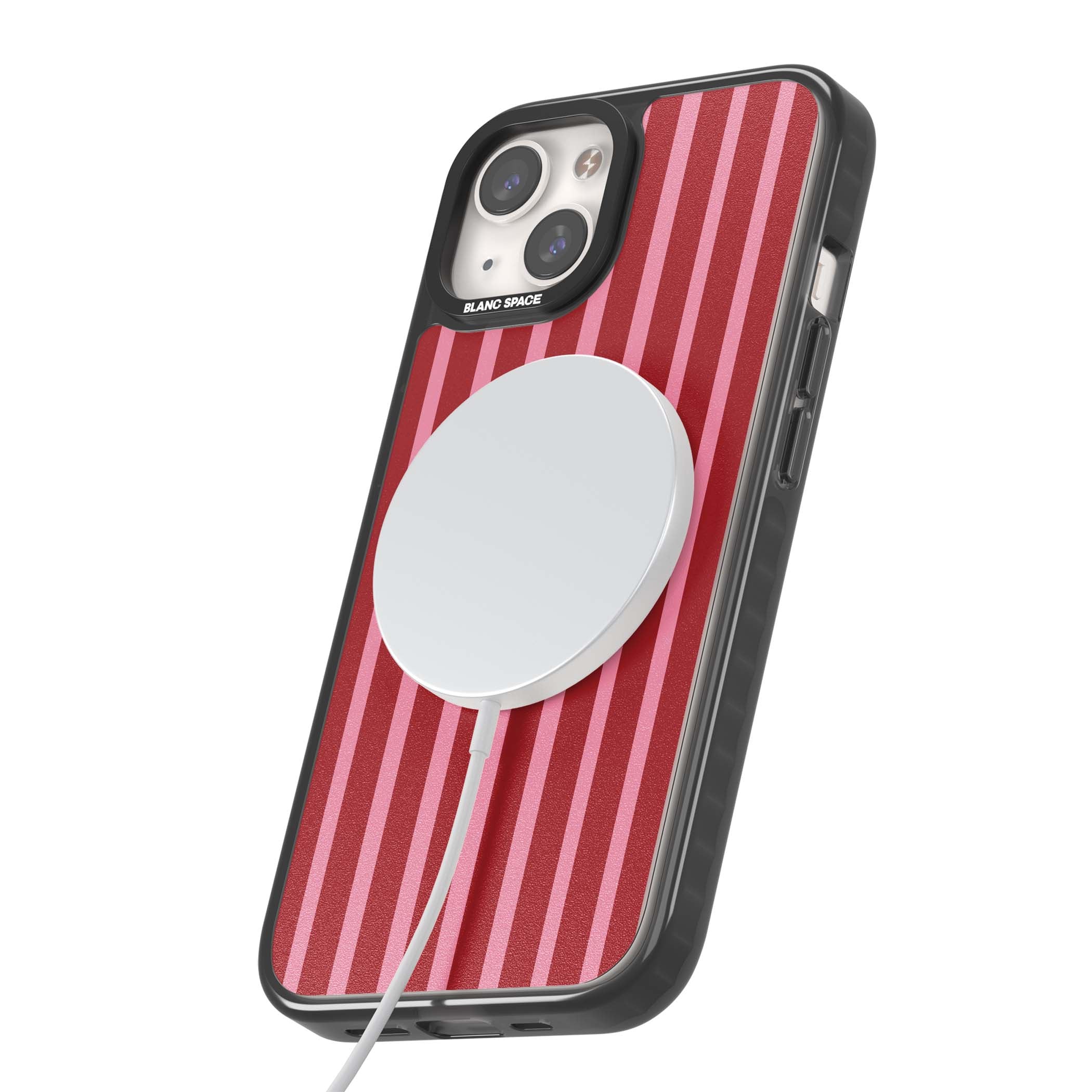 Raspberry Stripe coquette iPhone case featuring red and pink vertical stripes in a candy-inspired pattern | Black Impact Magsafe case for iPhone 13, iPhone 14, iPhone 15