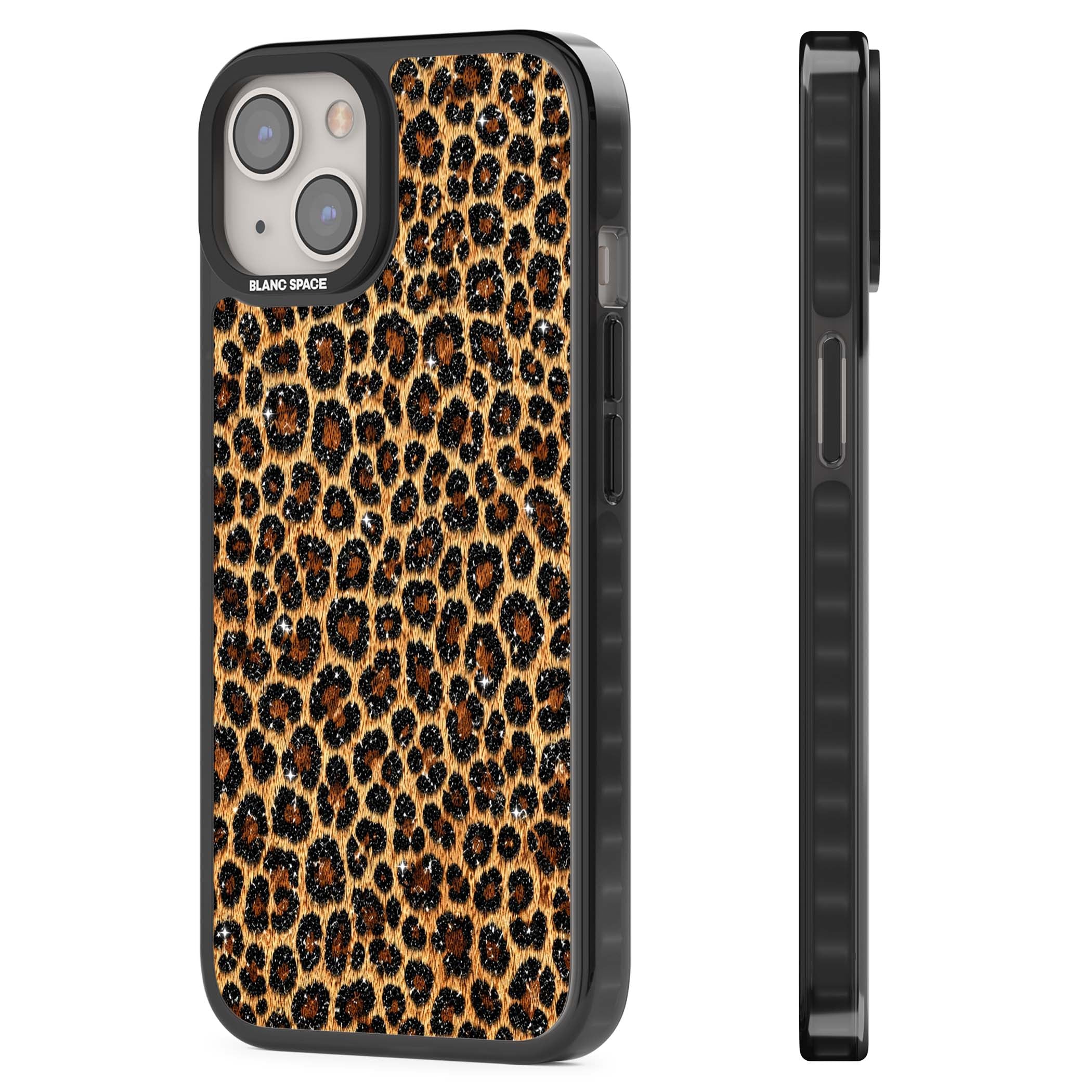 Diamond Leopard leopard print iPhone case featuring golden tan fur, black rosette spots and subtle glitter sparkle | Black Impact Magsafe case for iPhone 13, iPhone 14, iPhone 15