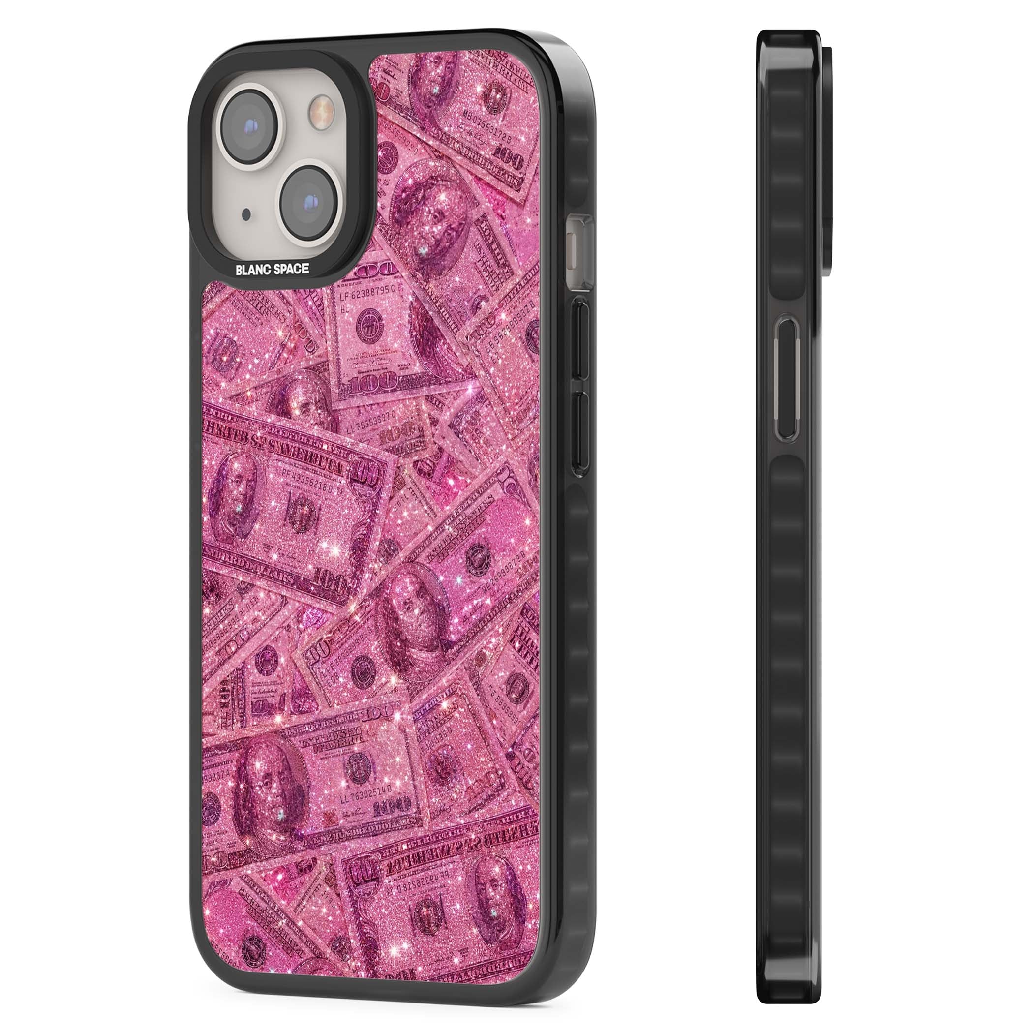 Glamorous baddie iPhone case featuring pink glitter hundred dollar bills and sparkling money wallpaper design | Black Impact Magsafe case for iPhone 13, iPhone 14, iPhone 15