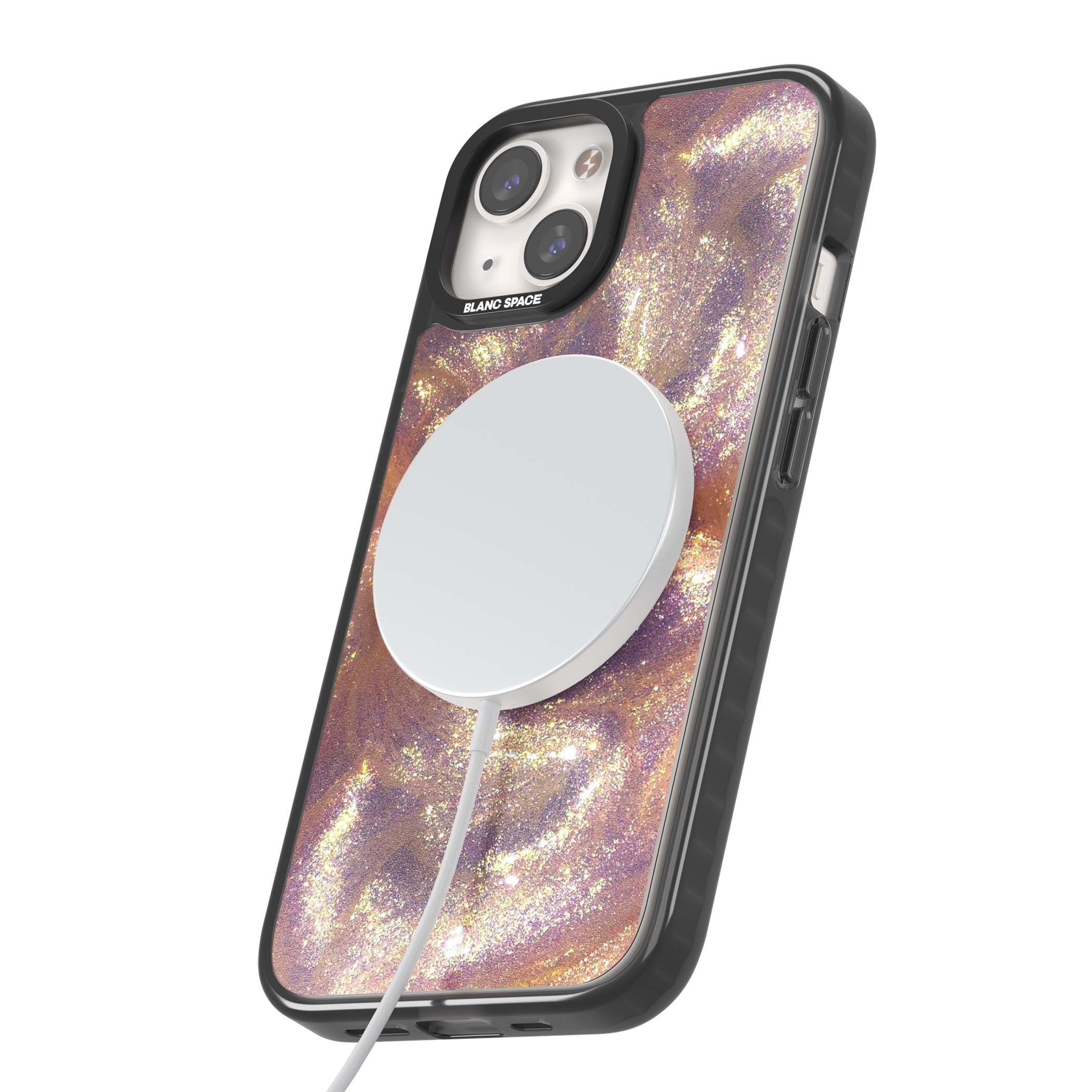 Shimmer marble iPhone case featuring rose gold glitter swirls, lilac shimmer and iridescent pearl finish | Black Impact Magsafe case for iPhone 13, iPhone 14, iPhone 15