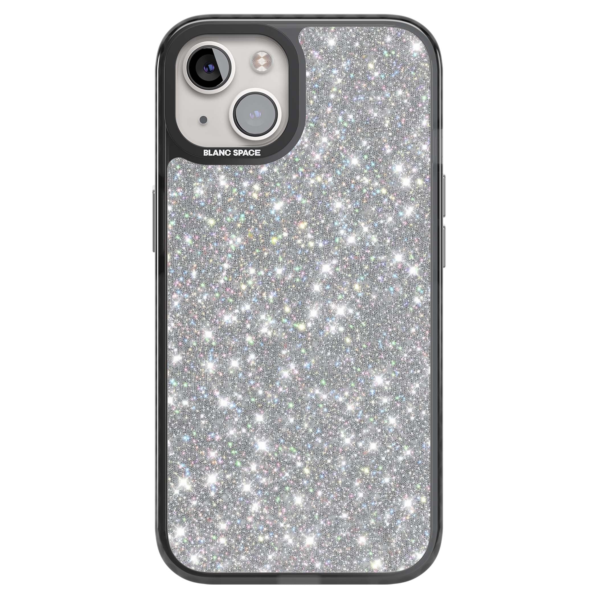 Diamond glam iPhone case featuring silver glitter sparkle and shimmering diamond dust effect | Black Impact Magsafe case for iPhone 13, iPhone 14, iPhone 15