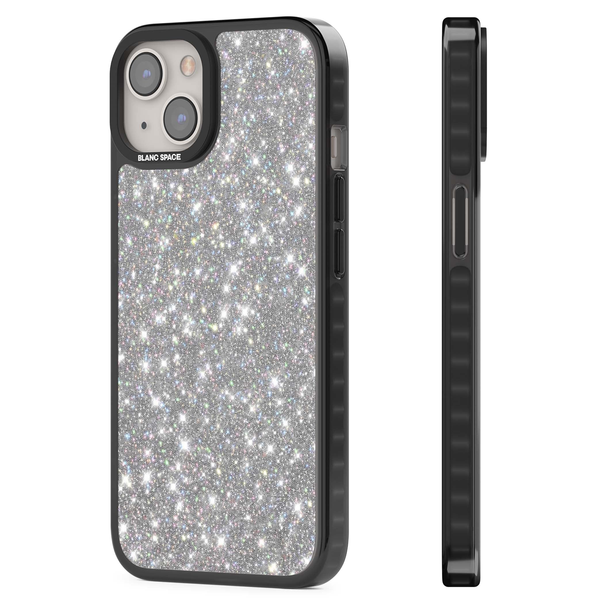Diamond glam iPhone case featuring silver glitter sparkle and shimmering diamond dust effect | Black Impact Magsafe case for iPhone 13, iPhone 14, iPhone 15