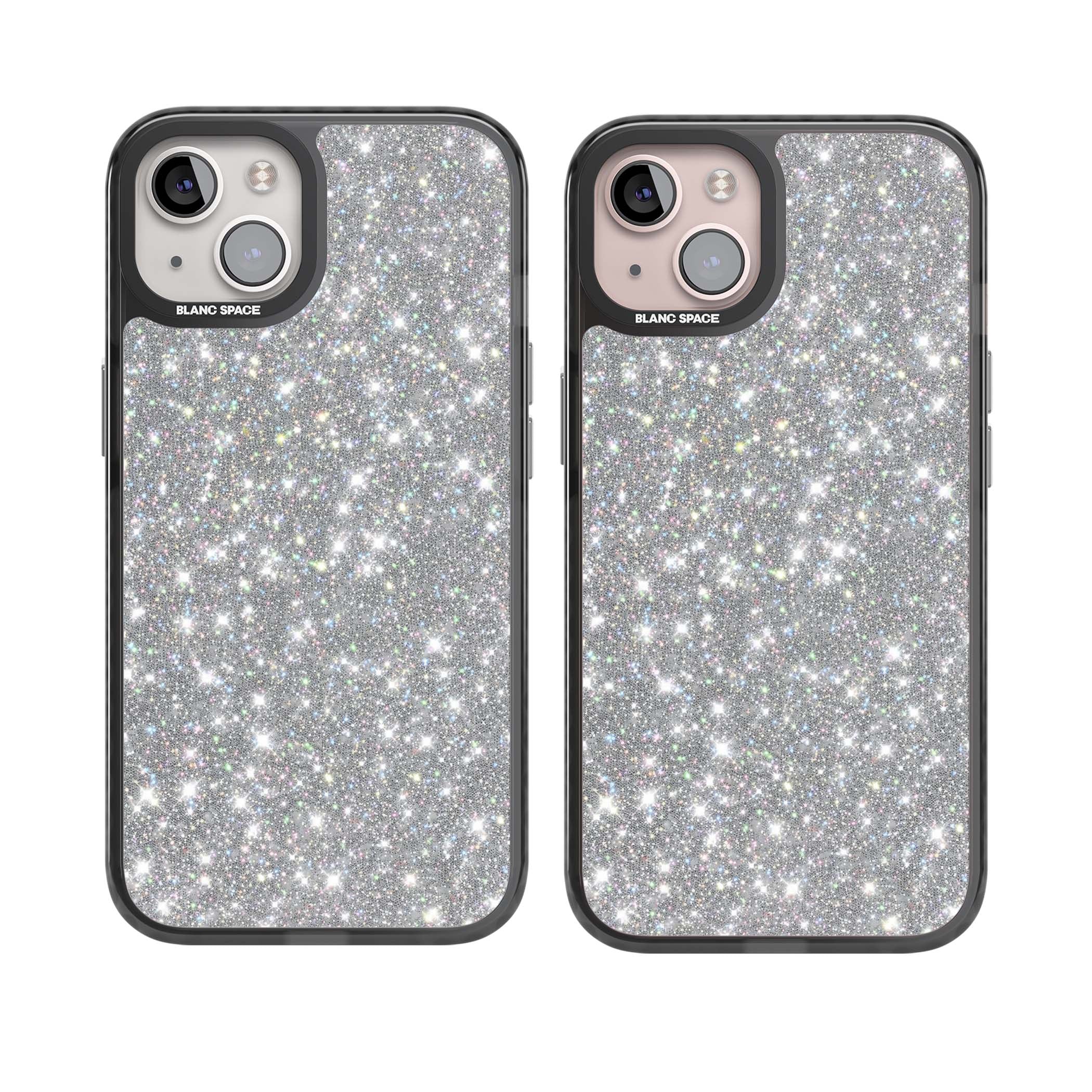 Diamond glam iPhone case featuring silver glitter sparkle and shimmering diamond dust effect | Black Impact Magsafe case for iPhone 13, iPhone 14, iPhone 15