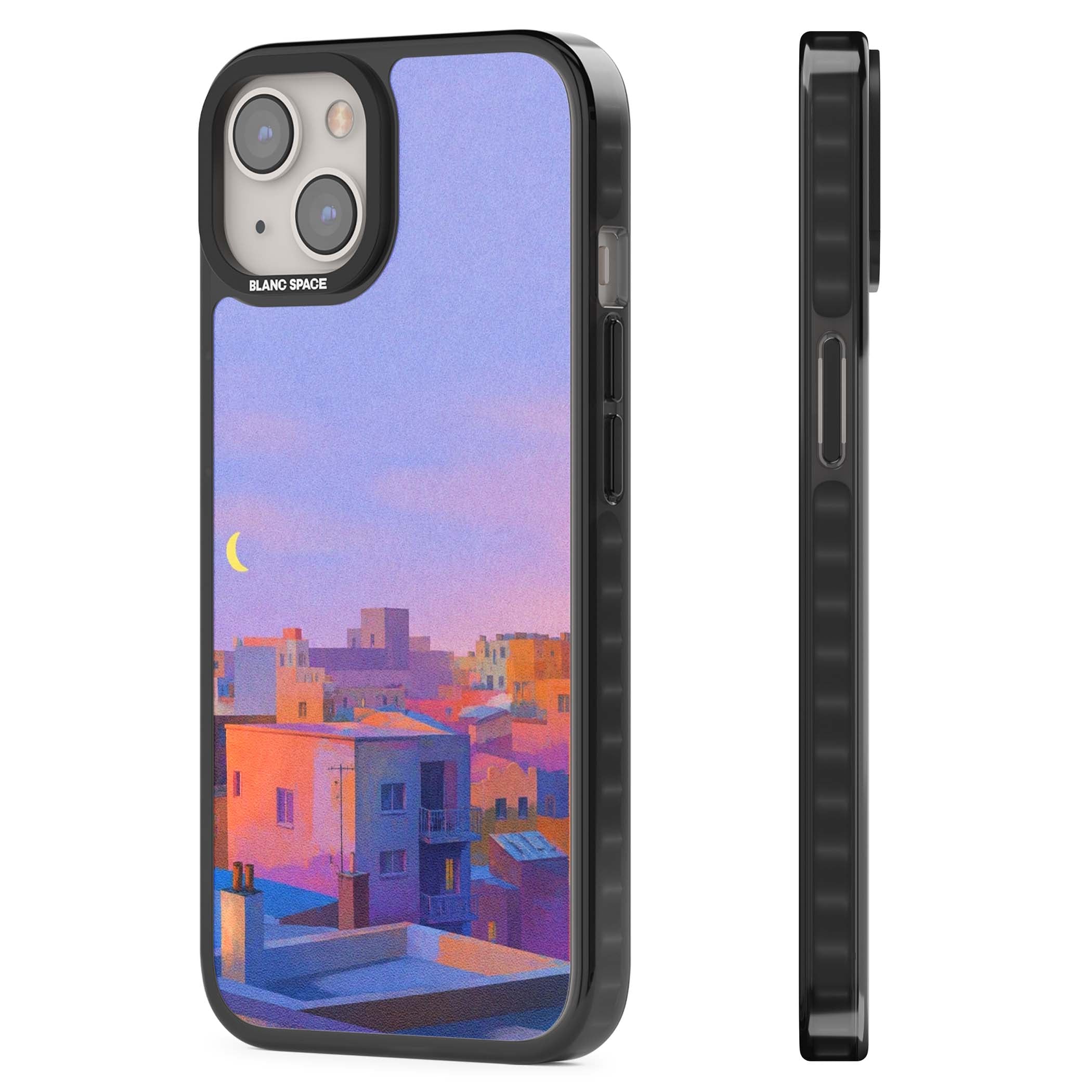 Twilight Rooftops vaporwave iPhone case featuring a pastel sunset cityscape, painted rooftops and a crescent moon. | Black Impact Magsafe case for iPhone 13, iPhone 14, iPhone 15