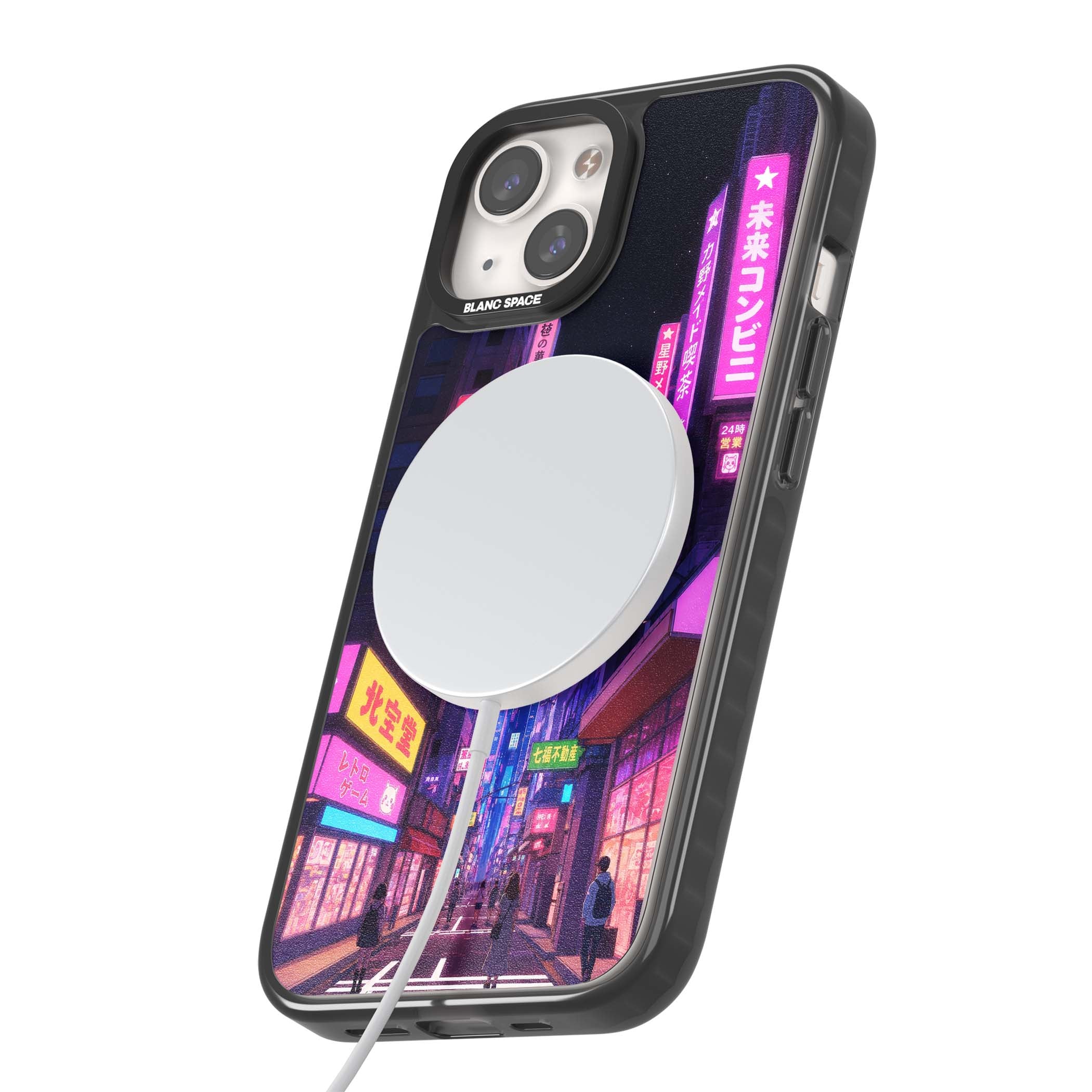 Shibuya At Night Japanese neon city iPhone case featuring glowing kanji signs, pink storefronts and a Tokyo street at n | Black Impact Magsafe case for iPhone 13, iPhone 14, iPhone 15