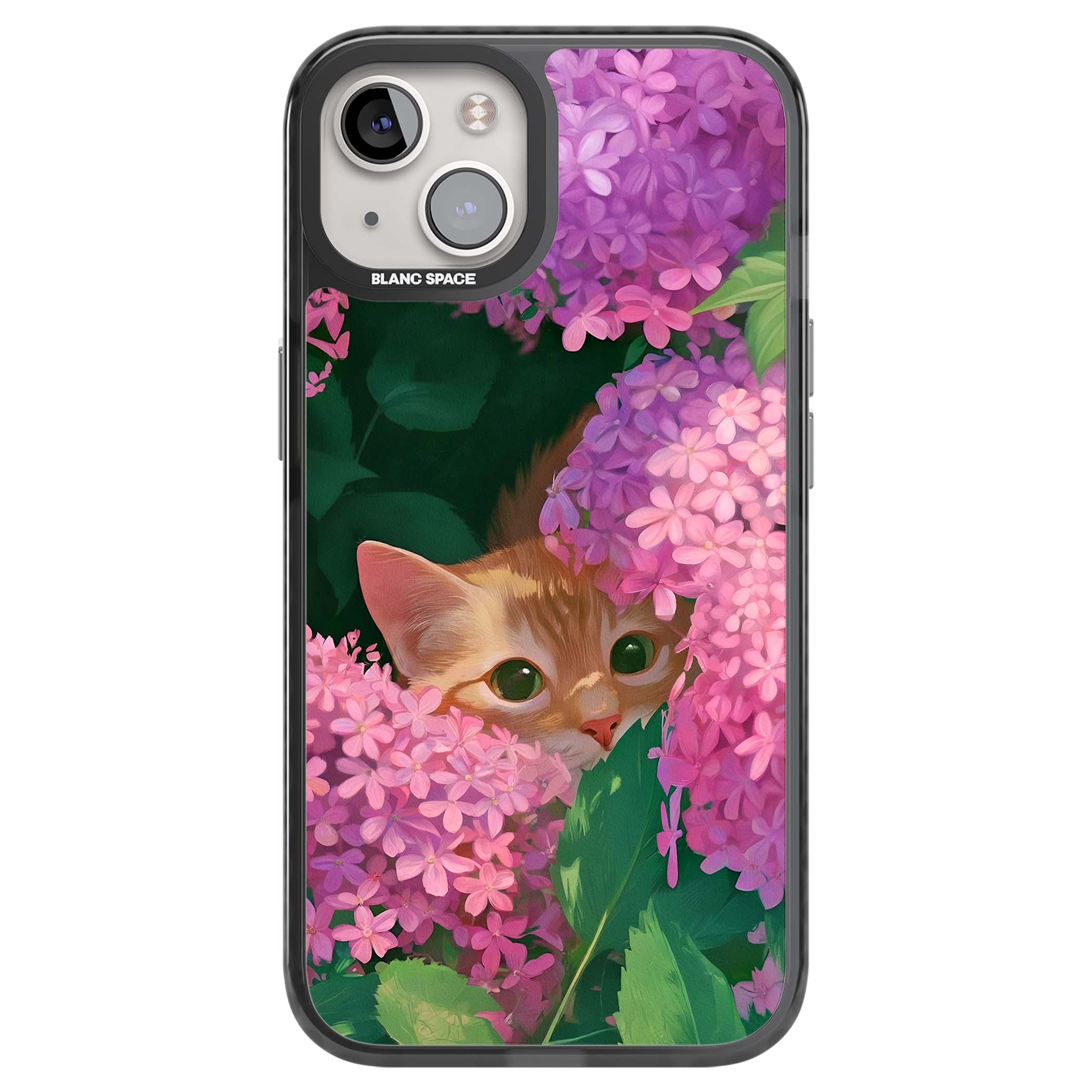 Cat In Pink Flowers cottagecore iPhone case featuring a ginger kitten peeking through lilac and pink hydrangea flo | Black Impact Magsafe case for iPhone 13, iPhone 14, iPhone 15