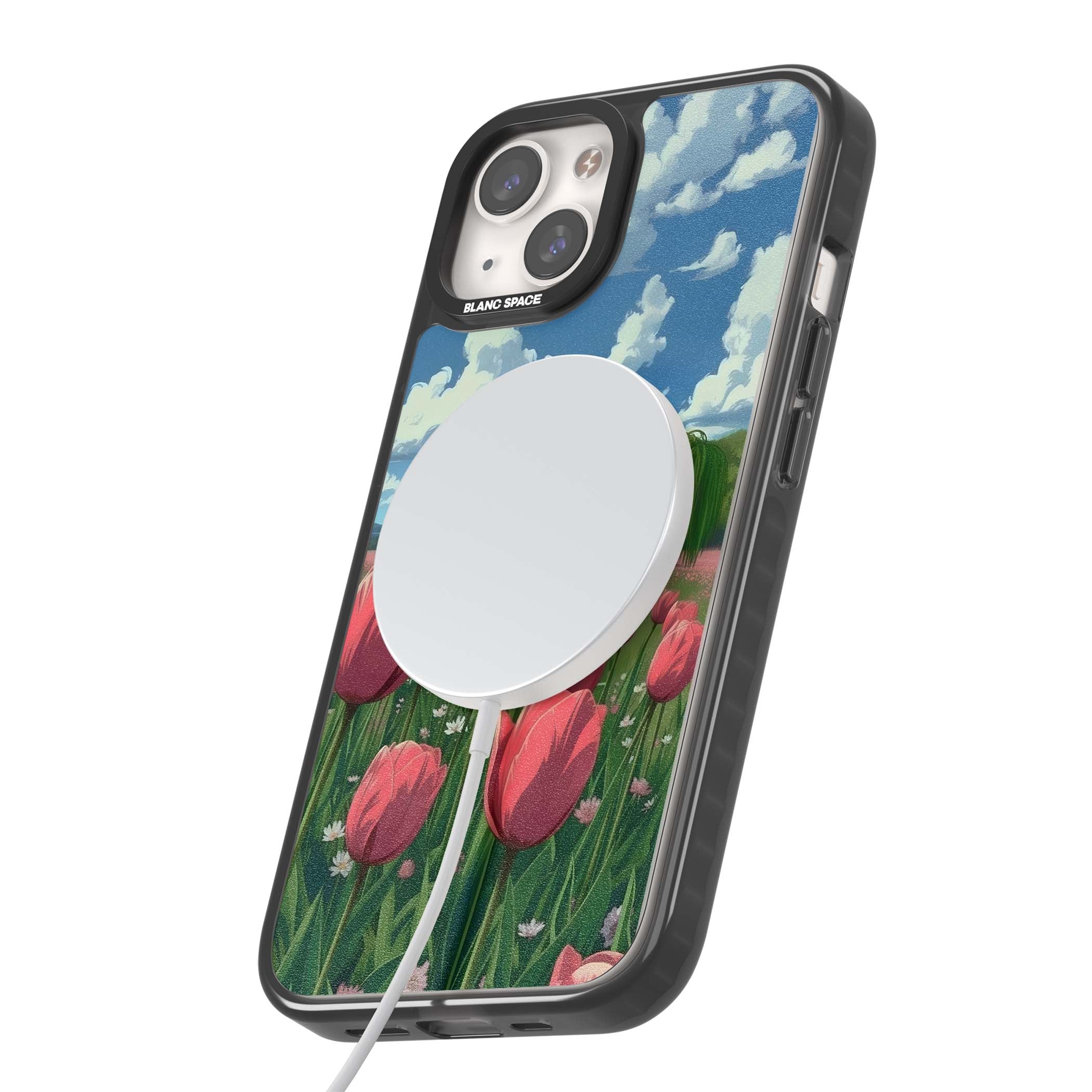 Willow By The Pink Tulips floral iPhone case | Black Impact Magsafe case for iPhone 13, iPhone 14, iPhone 15