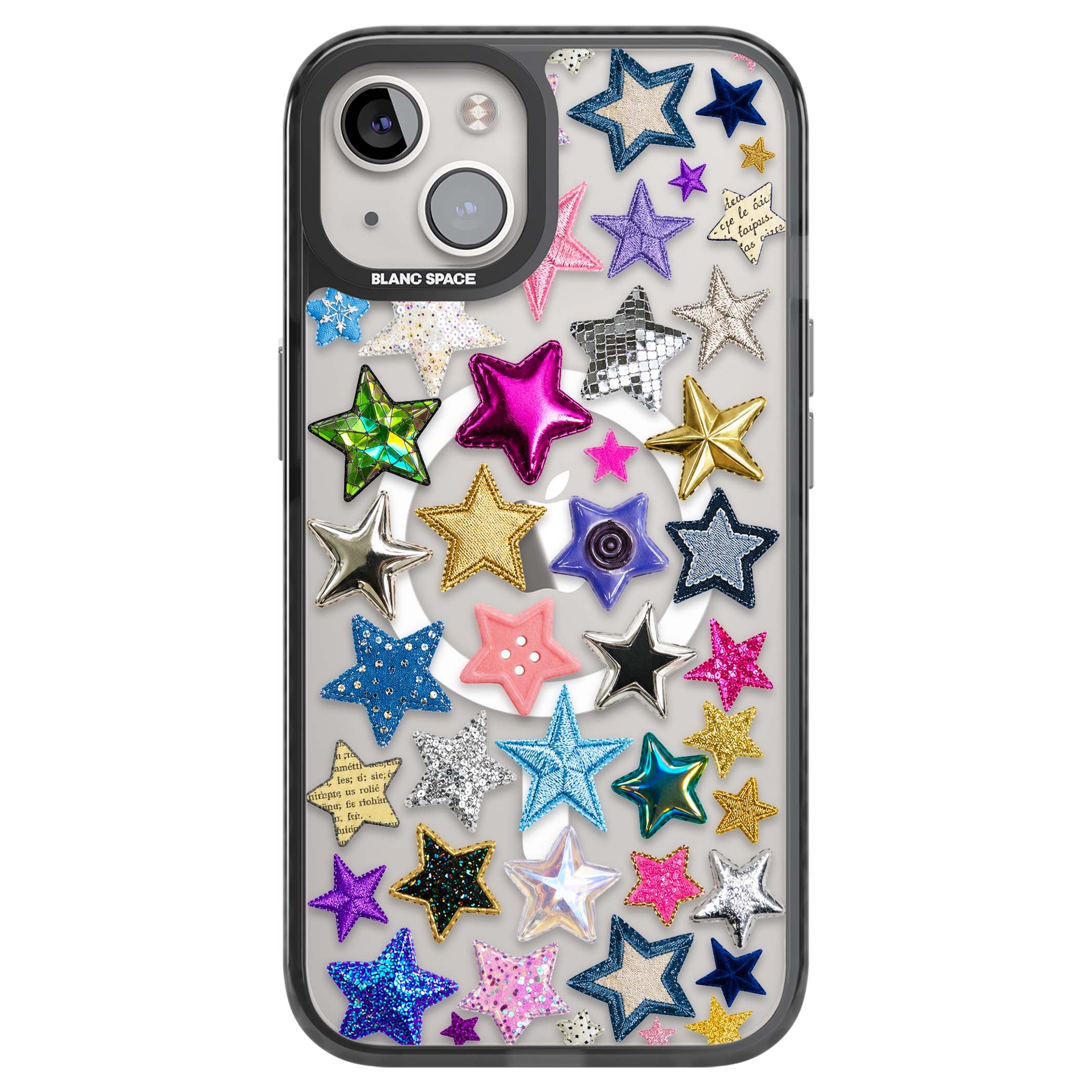 Crafty Star Mix Y2K iPhone case featuring embroidered, sequinned and glitter star patches in rainbow colours | Black Impact Magsafe case for iPhone 13, iPhone 14, iPhone 15