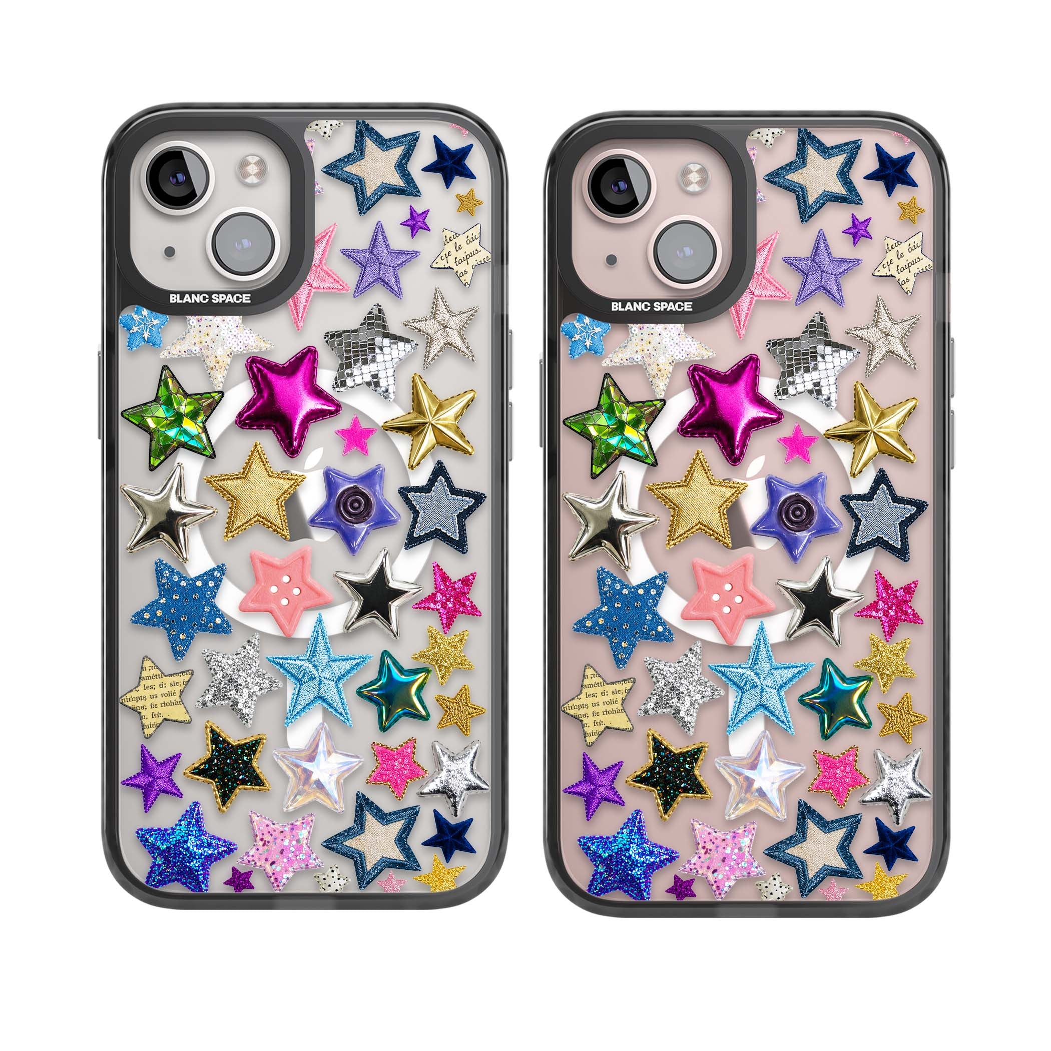 Crafty Star Mix Y2K iPhone case featuring embroidered, sequinned and glitter star patches in rainbow colours | Black Impact Magsafe case for iPhone 13, iPhone 14, iPhone 15