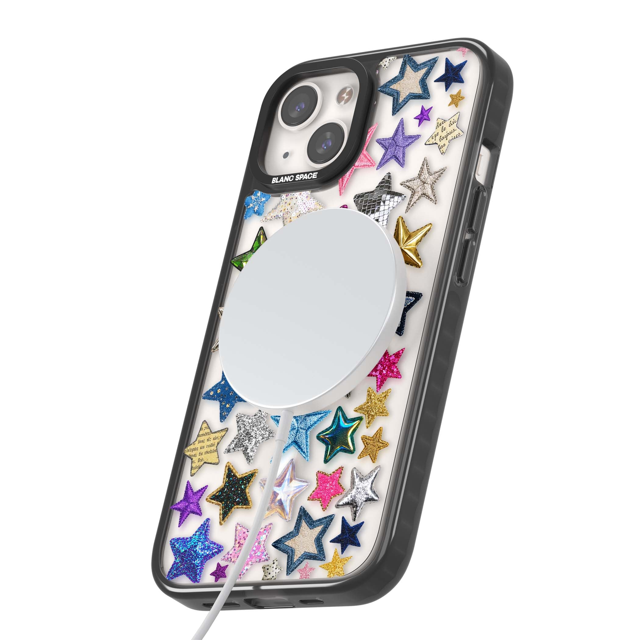 Crafty Star Mix Y2K iPhone case featuring embroidered, sequinned and glitter star patches in rainbow colours | Black Impact Magsafe case for iPhone 13, iPhone 14, iPhone 15
