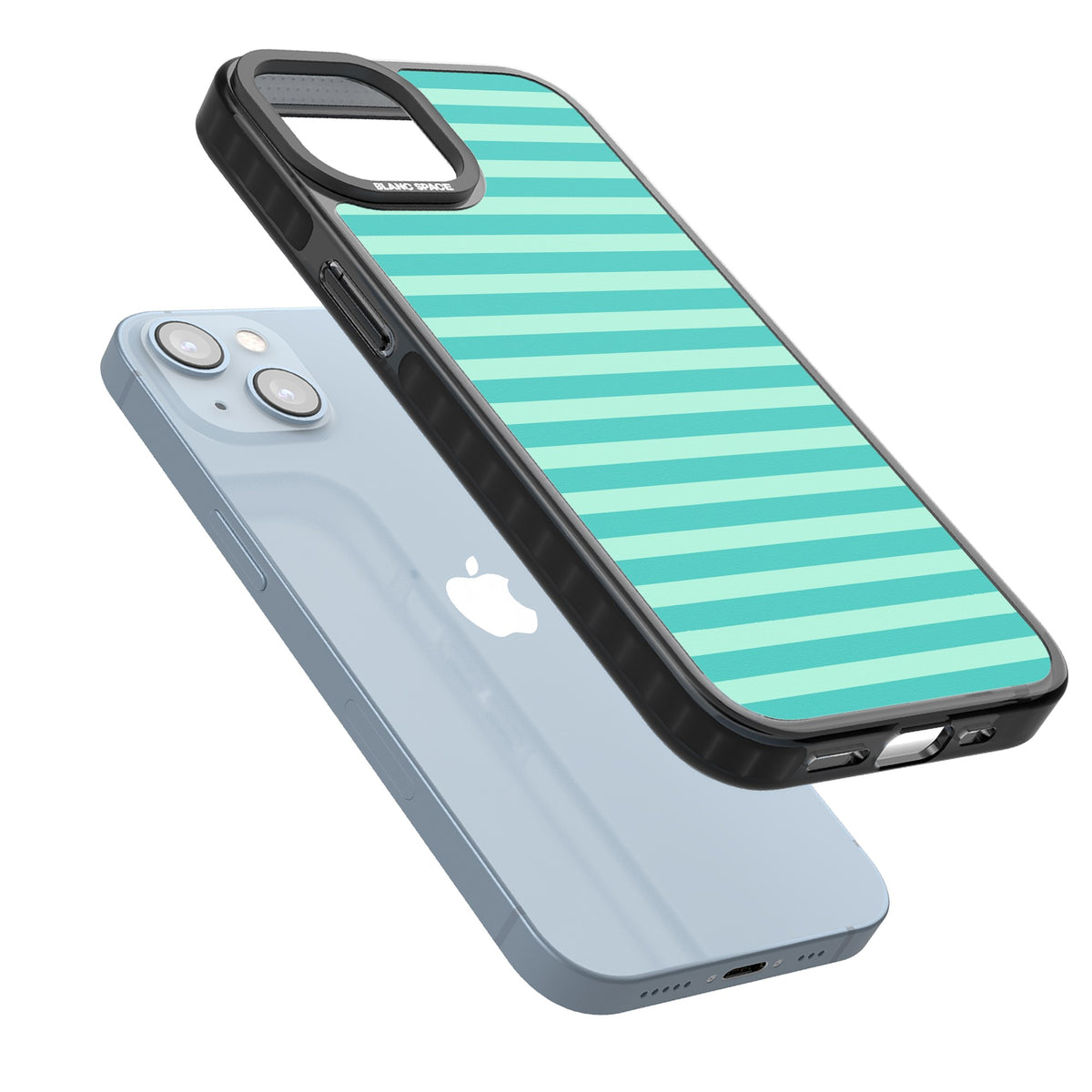 Turquoise Stripe preppy iPhone case featuring horizontal teal and mint green stripes on a black protective frame iPhone 12 / 12 Pro / iPhone 12 / iPhone 12 Pro / iPhone 13 / iPhone 14 / iPhone 14 Plus / iPhone 15 / iPhone 15 Plus Impact Pro Black Phone Case angled