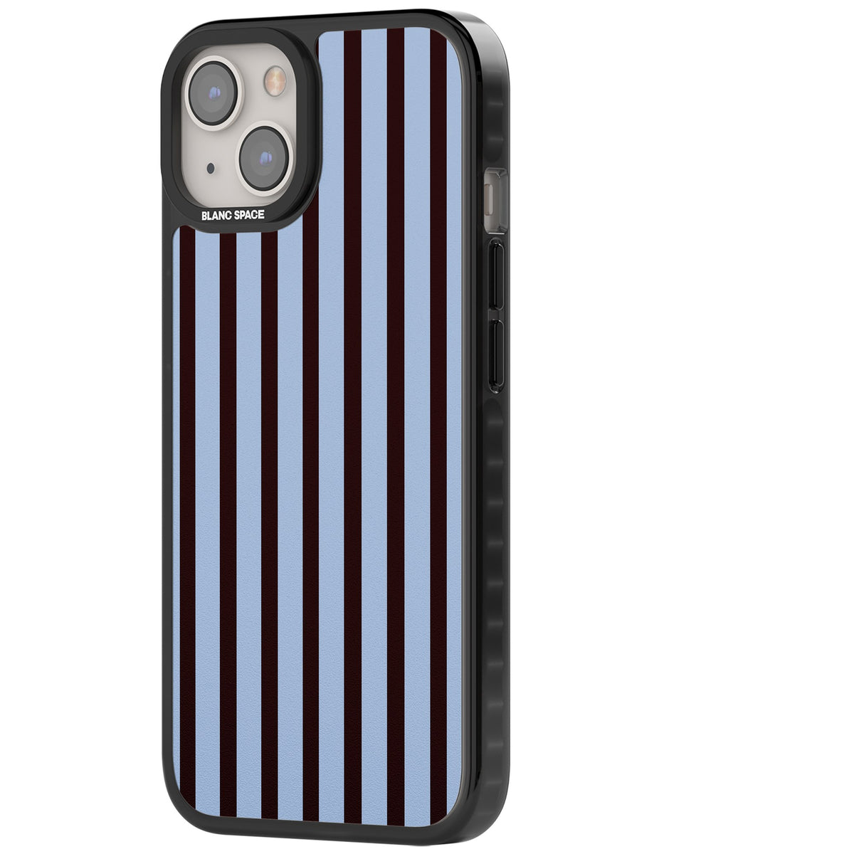Blackcurrant Stripe preppy iPhone case featuring vertical burgundy and light blue stripes in a classic pinstripe layout iPhone 12 / 12 Pro / iPhone 12 / iPhone 12 Pro / iPhone 13 / iPhone 14 / iPhone 14 Plus / iPhone 15 / iPhone 15 Plus Impact Pro Black Phone Case side