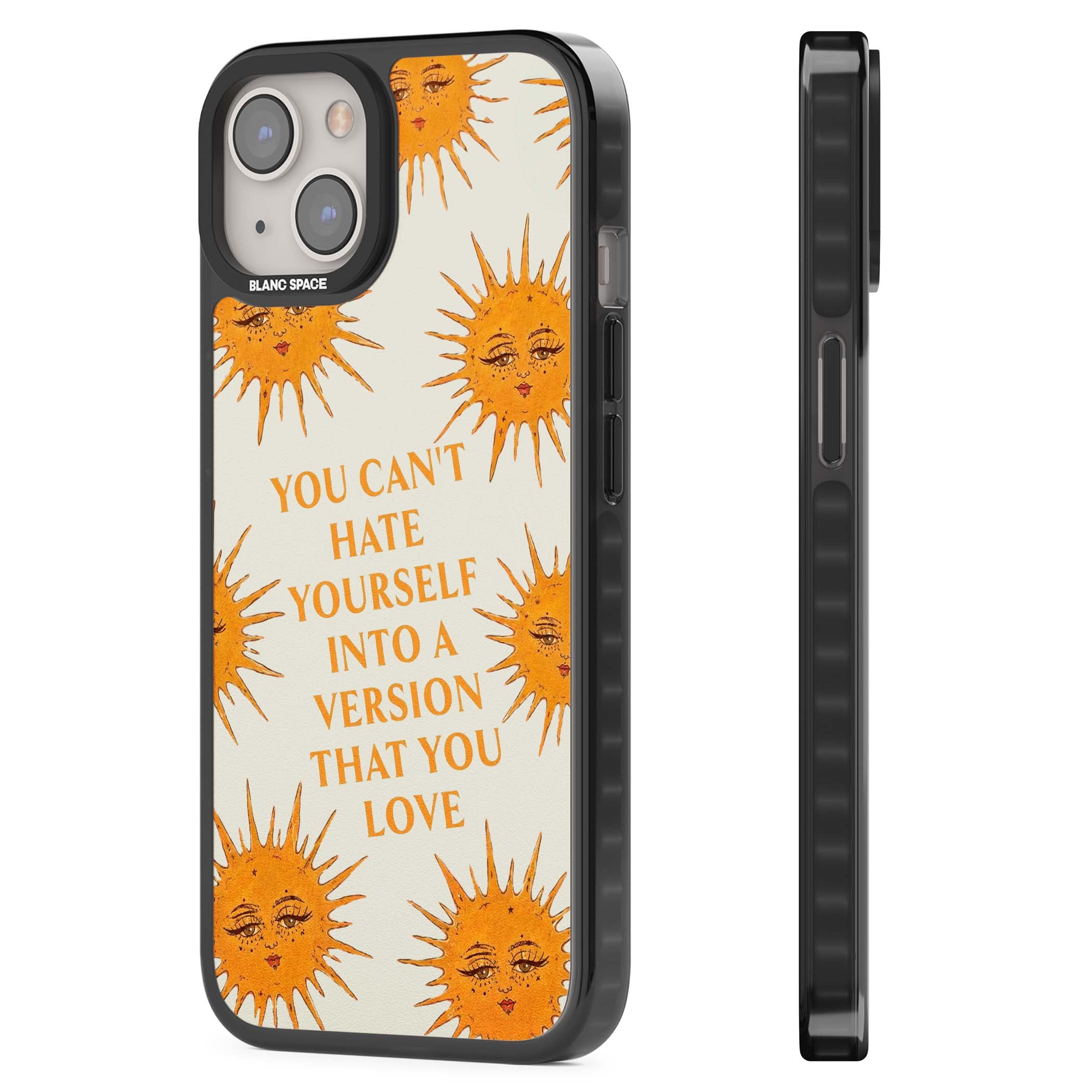 Don't Hate Yourself celestial iPhone case featuring vintage sun faces, ochre rays and a self-love quote | Black Impact Magsafe case for iPhone 13, iPhone 14, iPhone 15