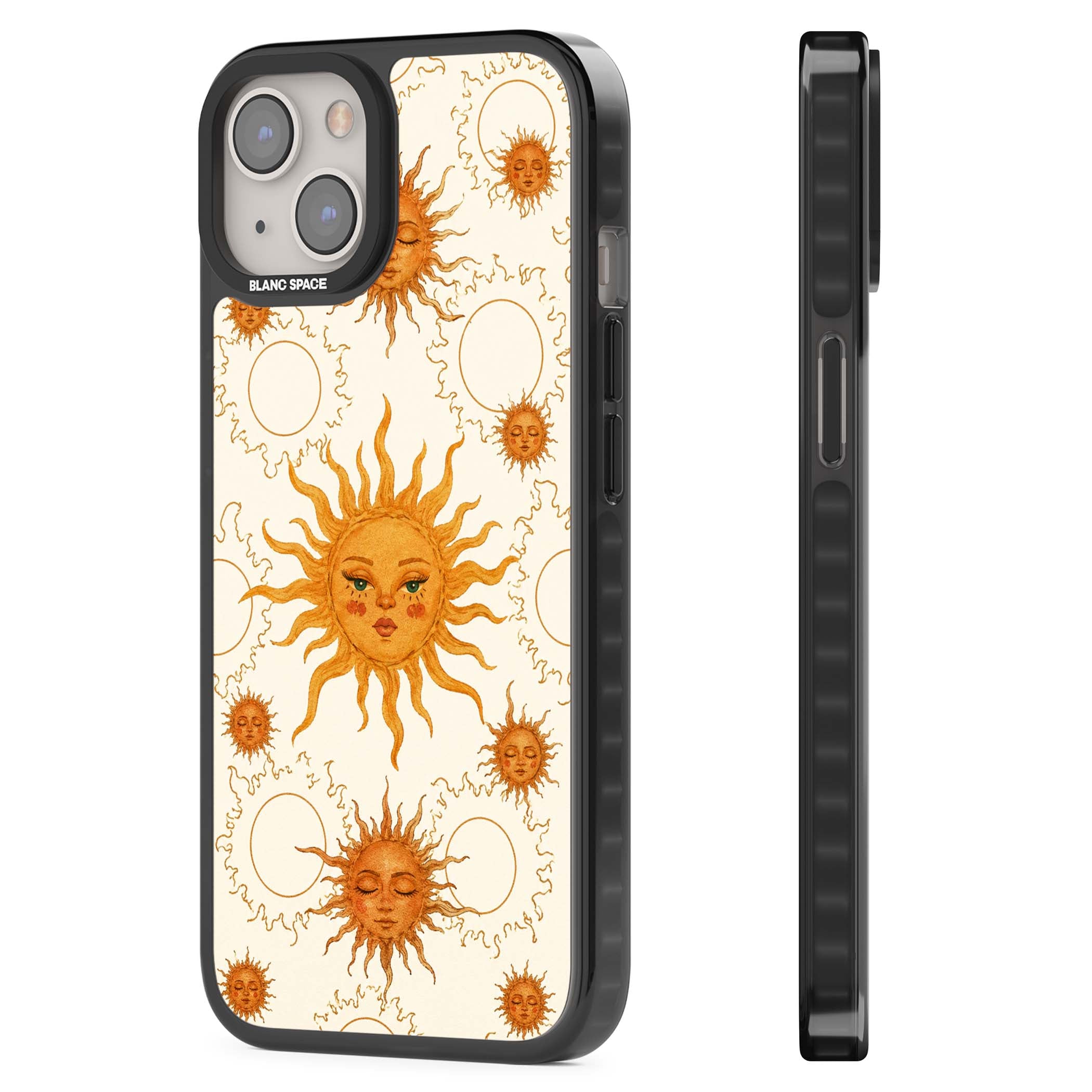 Solstice Muse celestial iPhone case featuring hand-painted golden sun faces, closed-eye sun goddesses and outlined moons... | Black Impact Magsafe case for iPhone 13, iPhone 14, iPhone 15