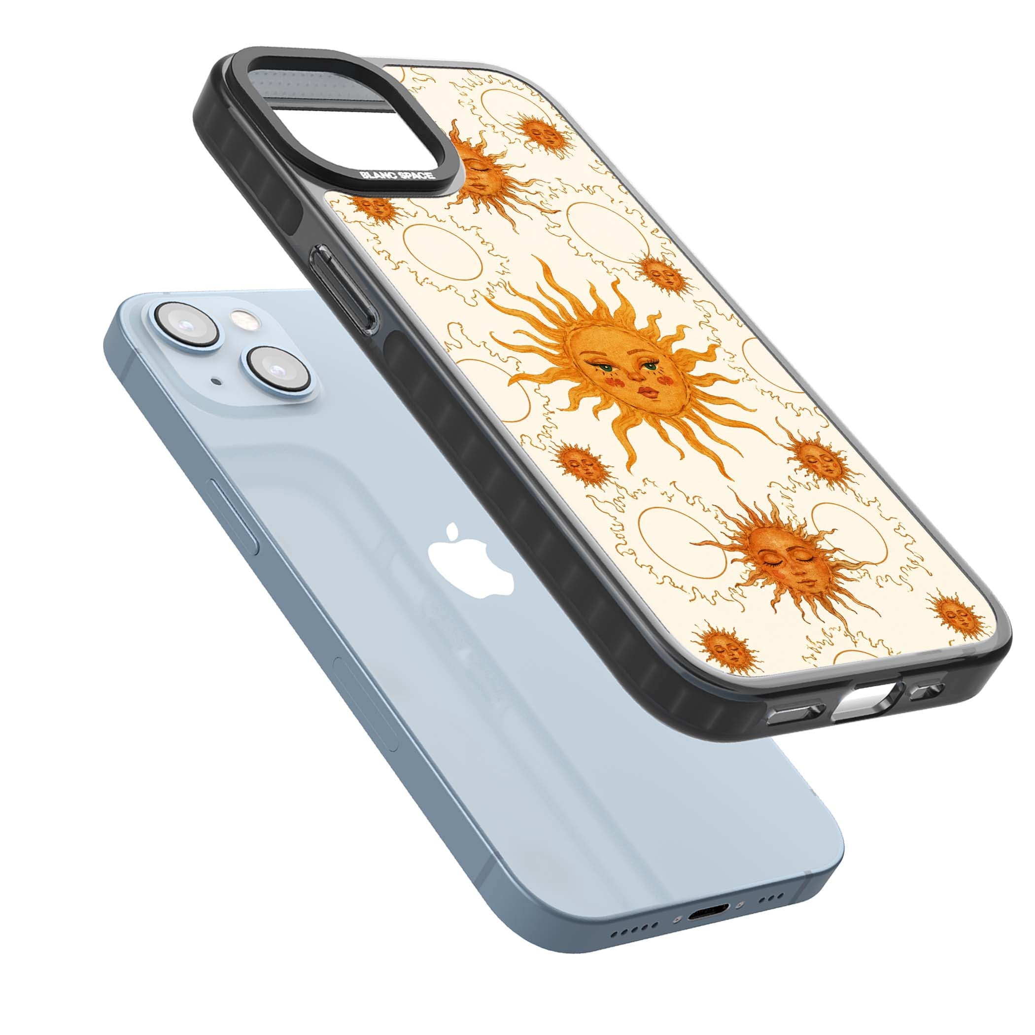 Solstice Muse celestial iPhone case featuring hand-painted golden sun faces, closed-eye sun goddesses and outlined moons... | Black Impact Magsafe case for iPhone 13, iPhone 14, iPhone 15