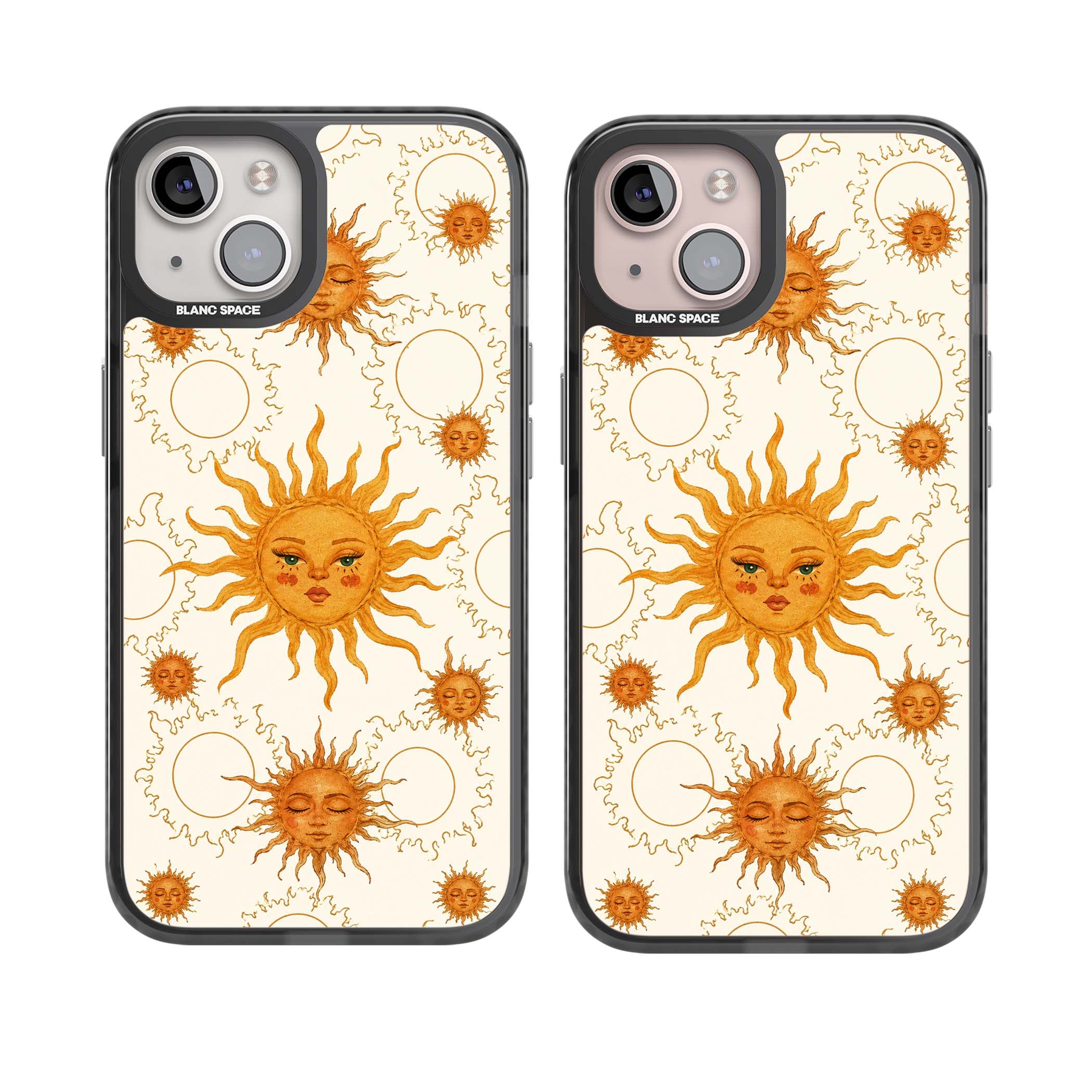 Solstice Muse celestial iPhone case featuring hand-painted golden sun faces, closed-eye sun goddesses and outlined moons... | Black Impact Magsafe case for iPhone 13, iPhone 14, iPhone 15