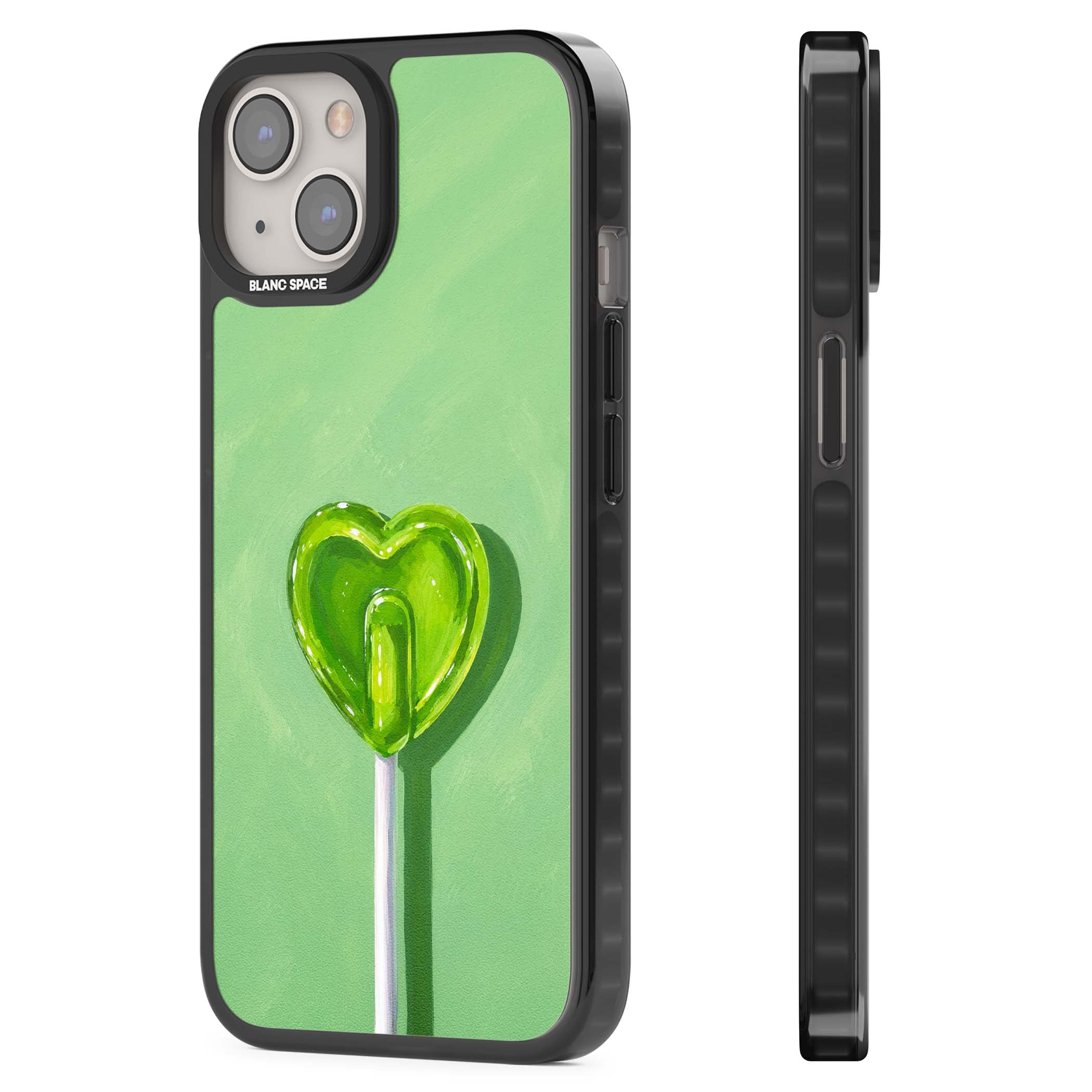 Green Lollipop candy art iPhone case featuring a glossy green heart-shaped lollipop on a painted pastel green background | Black Impact Magsafe case for iPhone 13, iPhone 14, iPhone 15