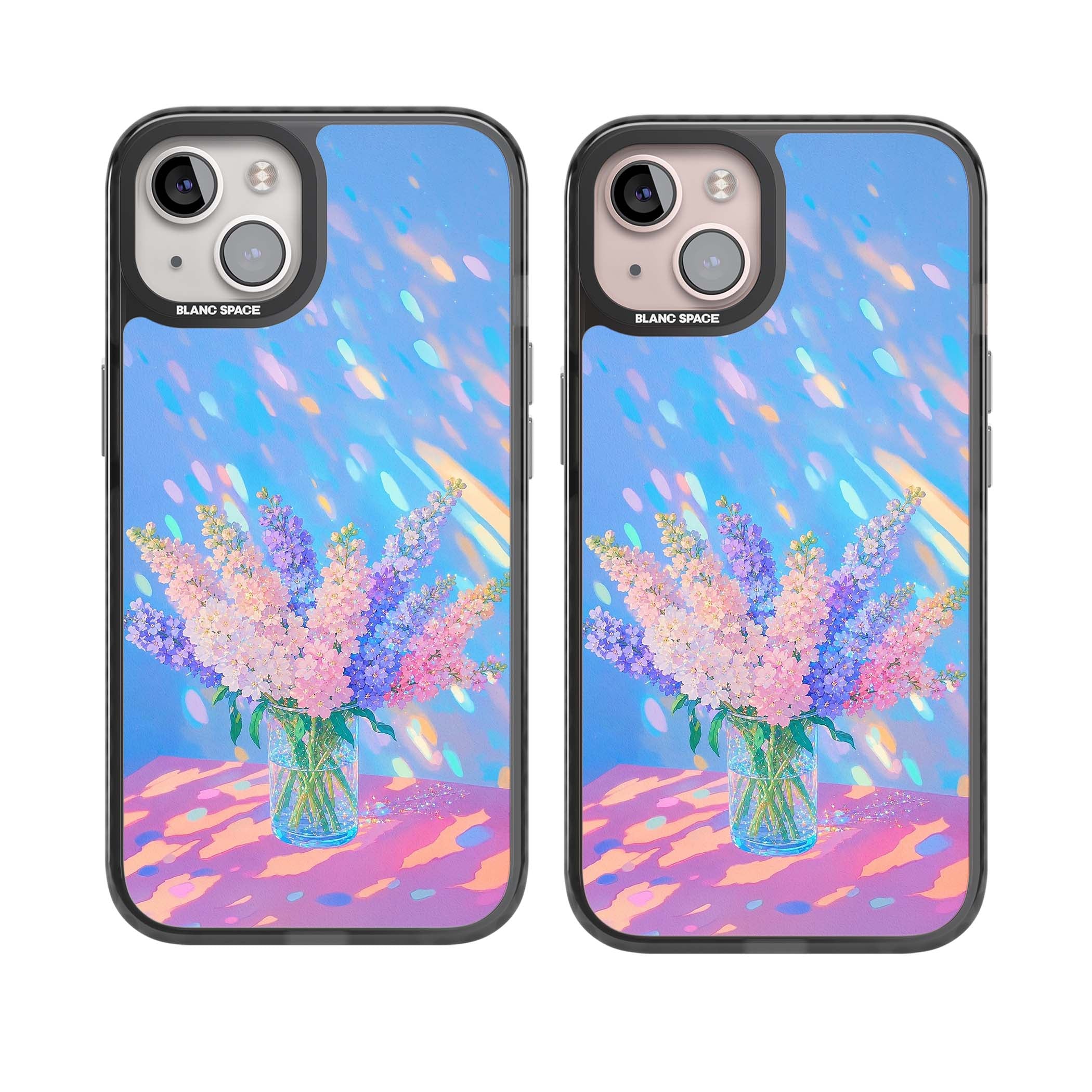 Bubblegum Flowers floral iPhone case featuring pastel lilac and pink bouquet in a glass vase with iridescent light | Black Impact Magsafe case for iPhone 13, iPhone 14, iPhone 15