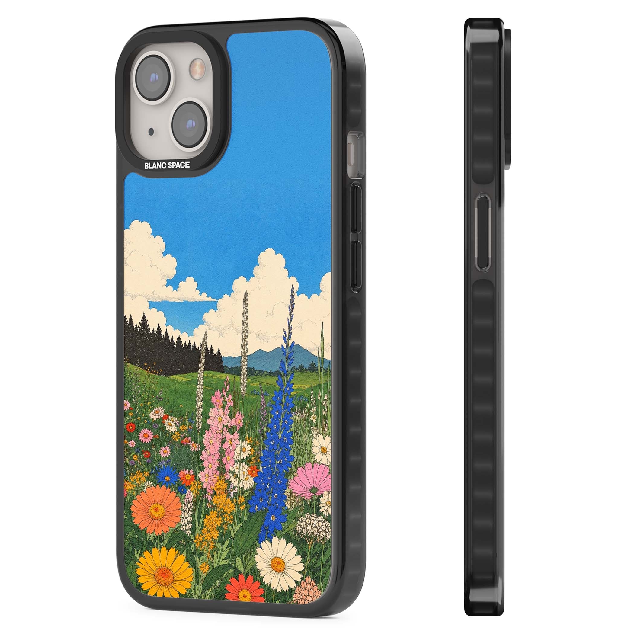 Wildbloom wildflower iPhone case featuring a vintage Japanese-style meadow landscape with daisies, delphiniums and moun | Black Impact Magsafe case for iPhone 13, iPhone 14, iPhone 15