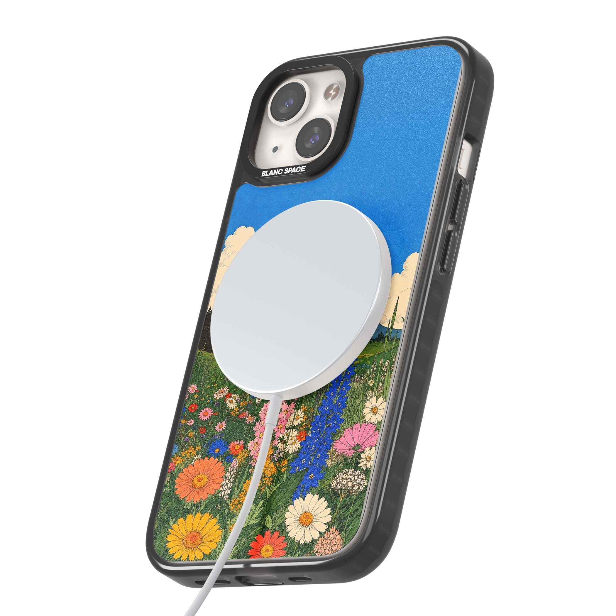 Wildbloom wildflower iPhone case featuring a vintage Japanese-style meadow landscape with daisies, delphiniums and moun | Black Impact Magsafe case for iPhone 13, iPhone 14, iPhone 15
