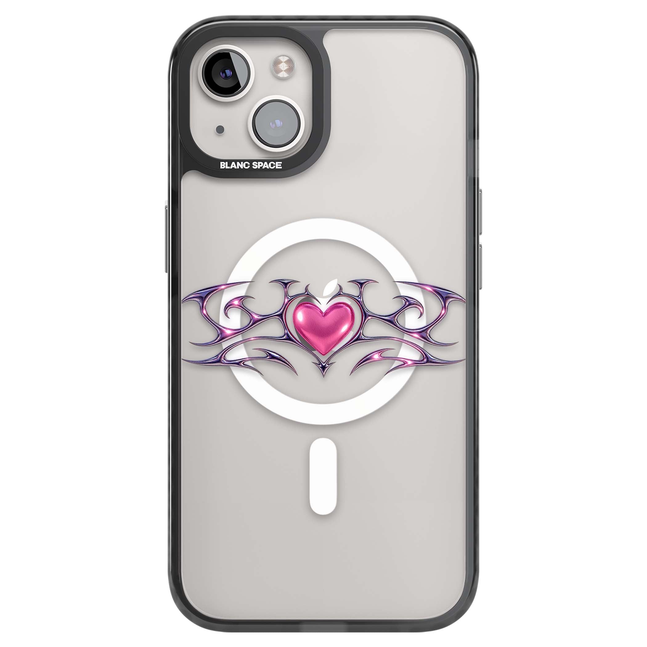 Pink Chrome Heart y2k iPhone case | Black Impact Magsafe case for iPhone 13, iPhone 14, iPhone 15