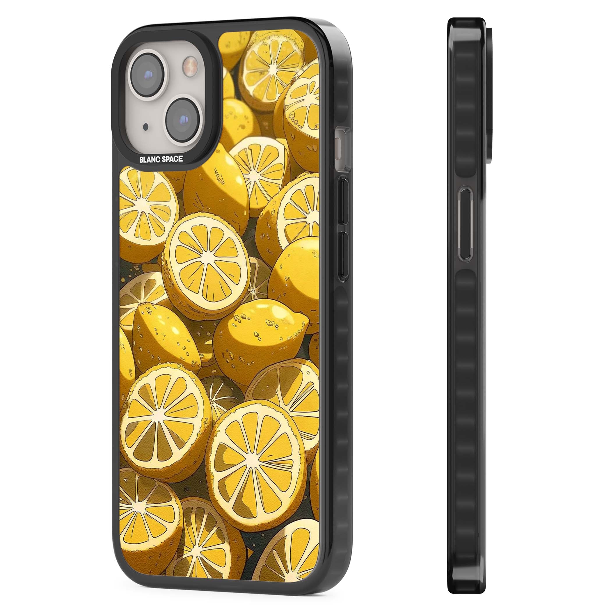 Zesty coastal iPhone case featuring illustrated Mediterranean lemons and citrus slices in golden yellow | Black Impact Magsafe case for iPhone 13, iPhone 14, iPhone 15