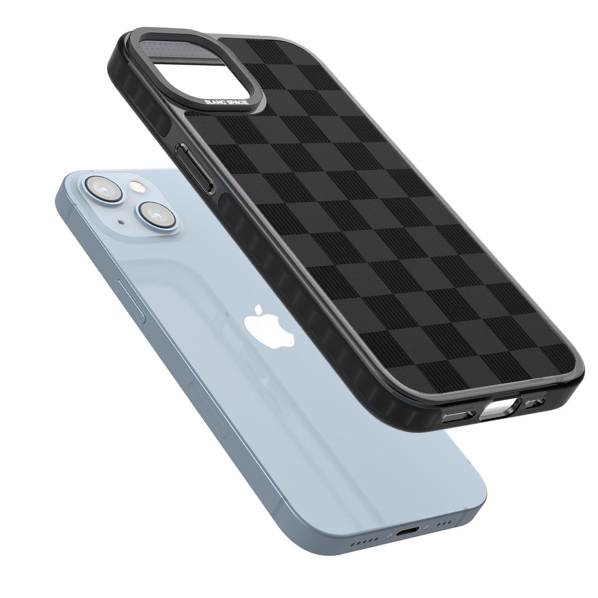 Black Checkered iPhone 12 / 12 Pro / iPhone 13 / iPhone 14 / iPhone 14 Plus / iPhone 15 / iPhone 15 Plus Impact Black Phone Case angled