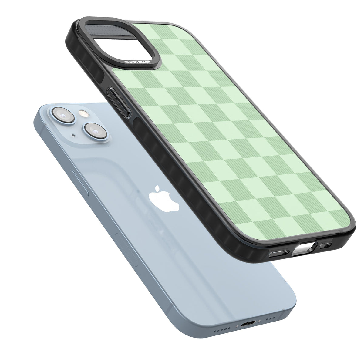 Seafoam Checkered iPhone 12 / 12 Pro / iPhone 13 / iPhone 14 / iPhone 14 Plus / iPhone 15 / iPhone 15 Plus Impact Black Phone Case angled