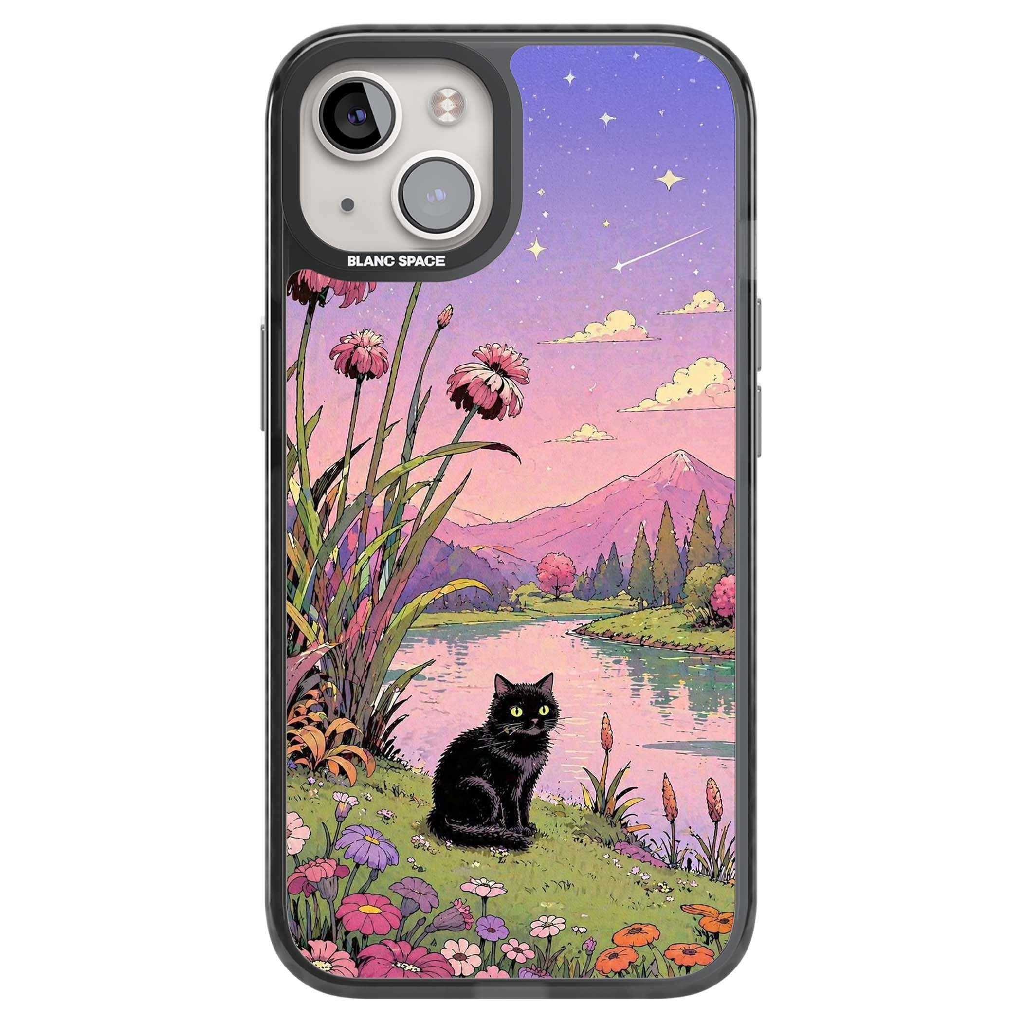 Mystic Whiskers ghibli iPhone case featuring a black cat by a pastel lake, wildflowers and a starry sunset sky | Black Impact case for iPhone 13, iPhone 14, iPhone 15